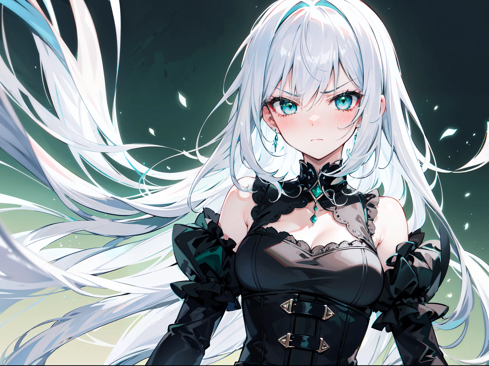 "Generate one girl with long white hairstylist hair, blue eyes in right and green eyes in left, she cutely angry, green eyes, and look blushes, she's wear white gothic."