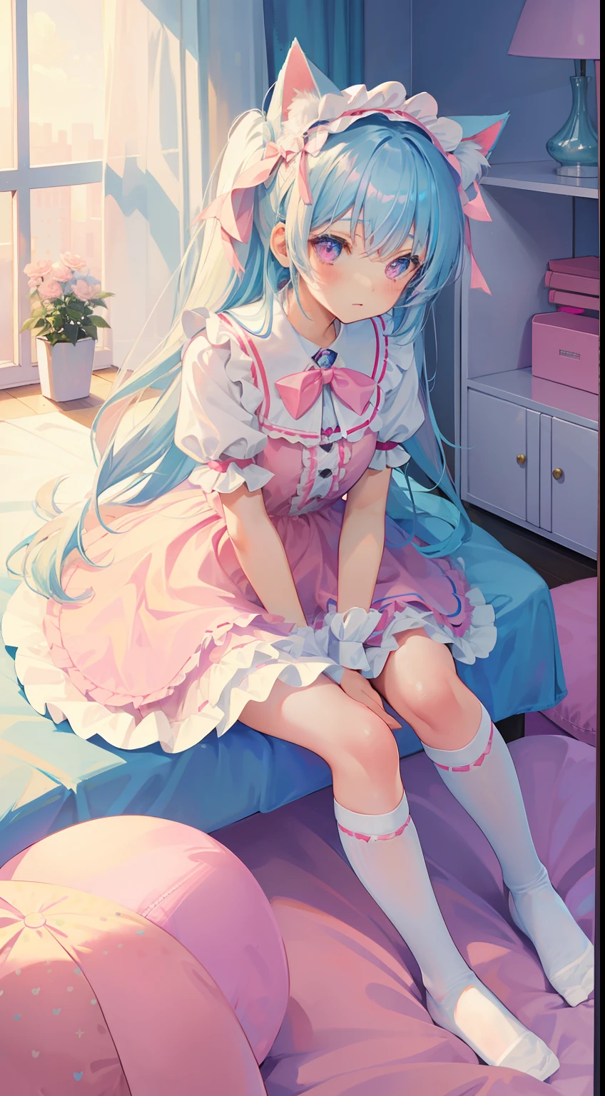 lightblue hair，Cat ears，Pink eyes，pink ta，White  socks，pink bows，inside in room