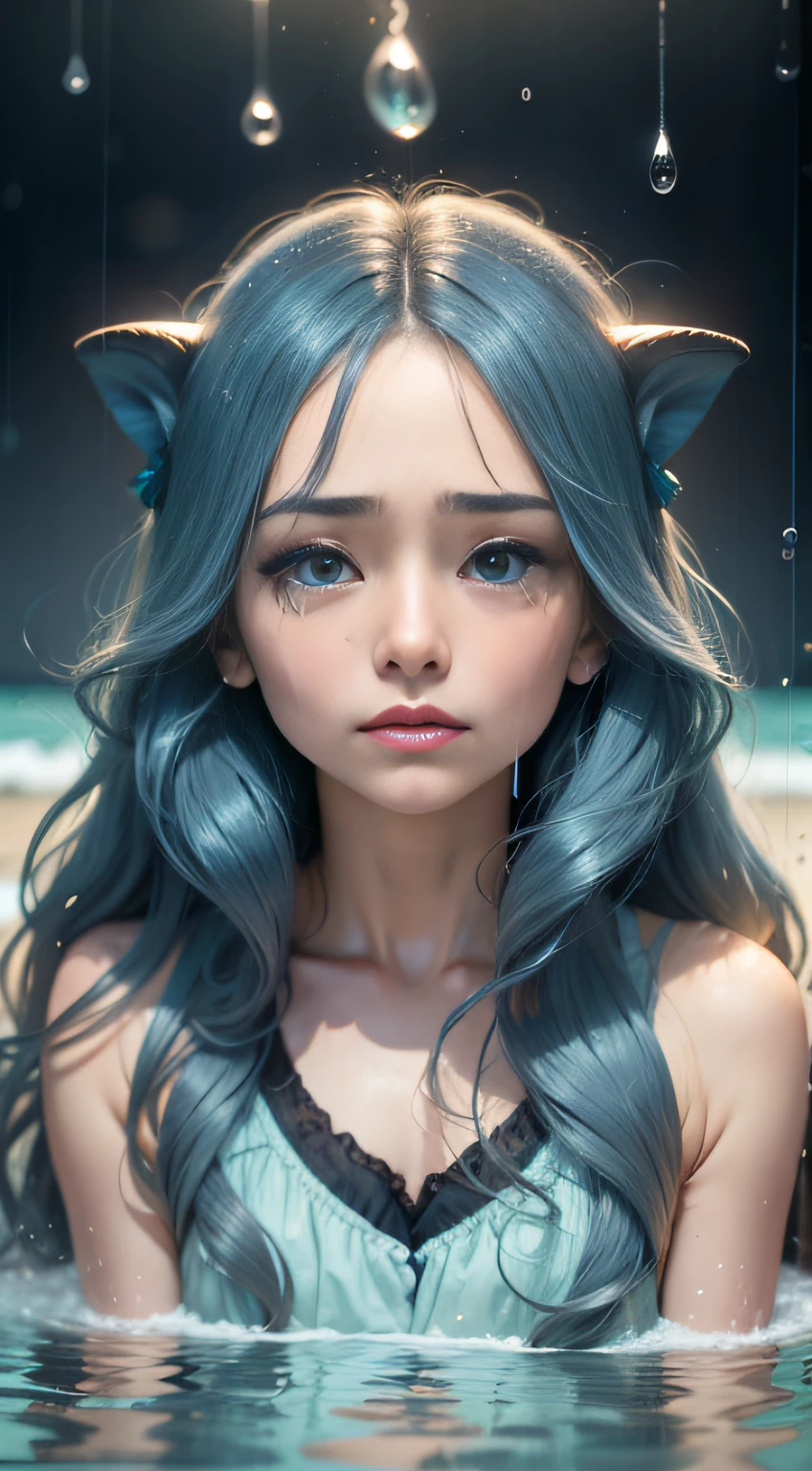 Blue eyes，European and American face shape，teardrop，tears mark，Clarity，Sea background，Dolphins，raining day，Full body photo