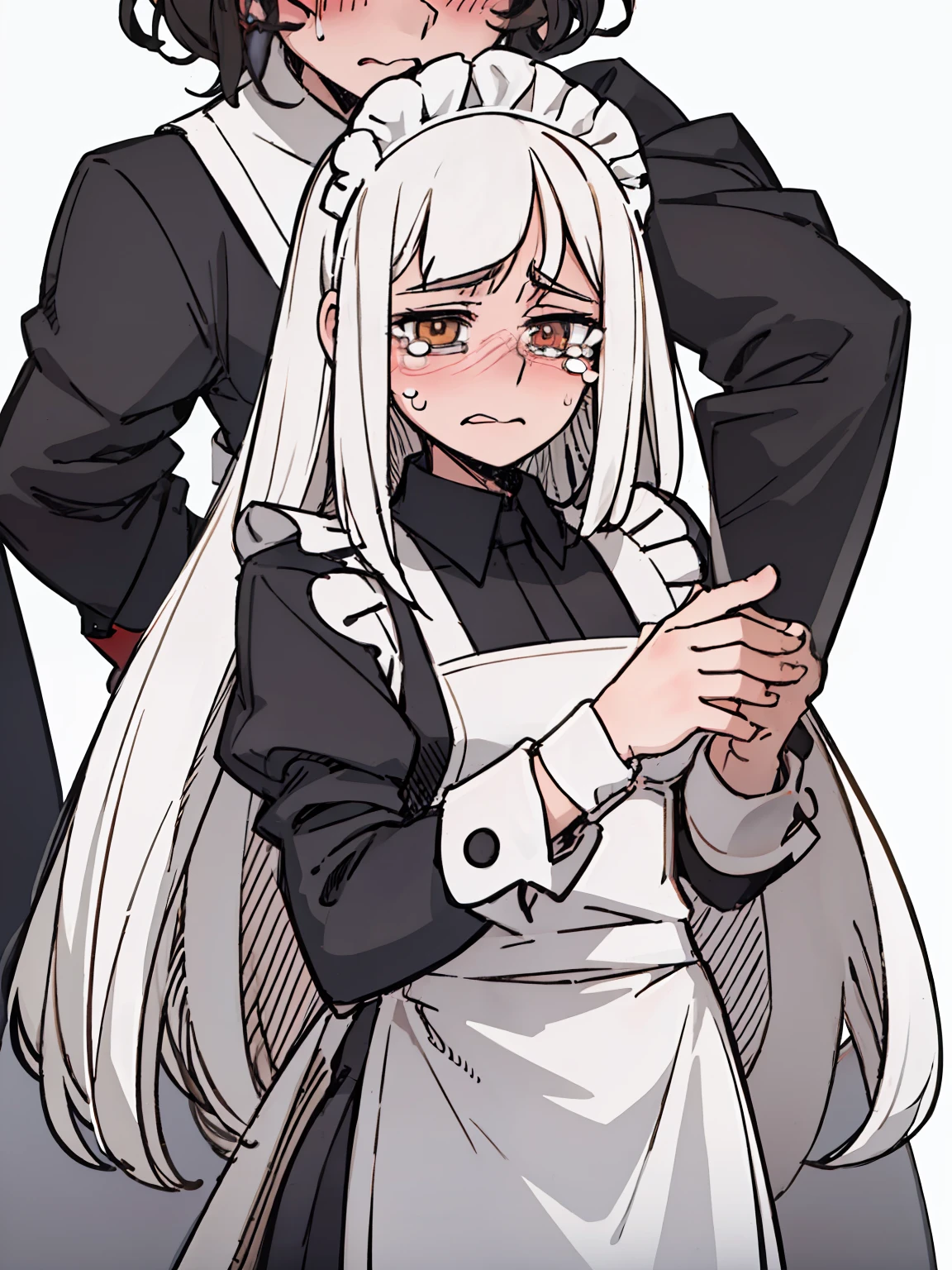 A girl frontal,((full bodyesbian,Long curly white hair,the maid outfit,streaming tears)),Calf white silk,Put your hands in front,Young, White background