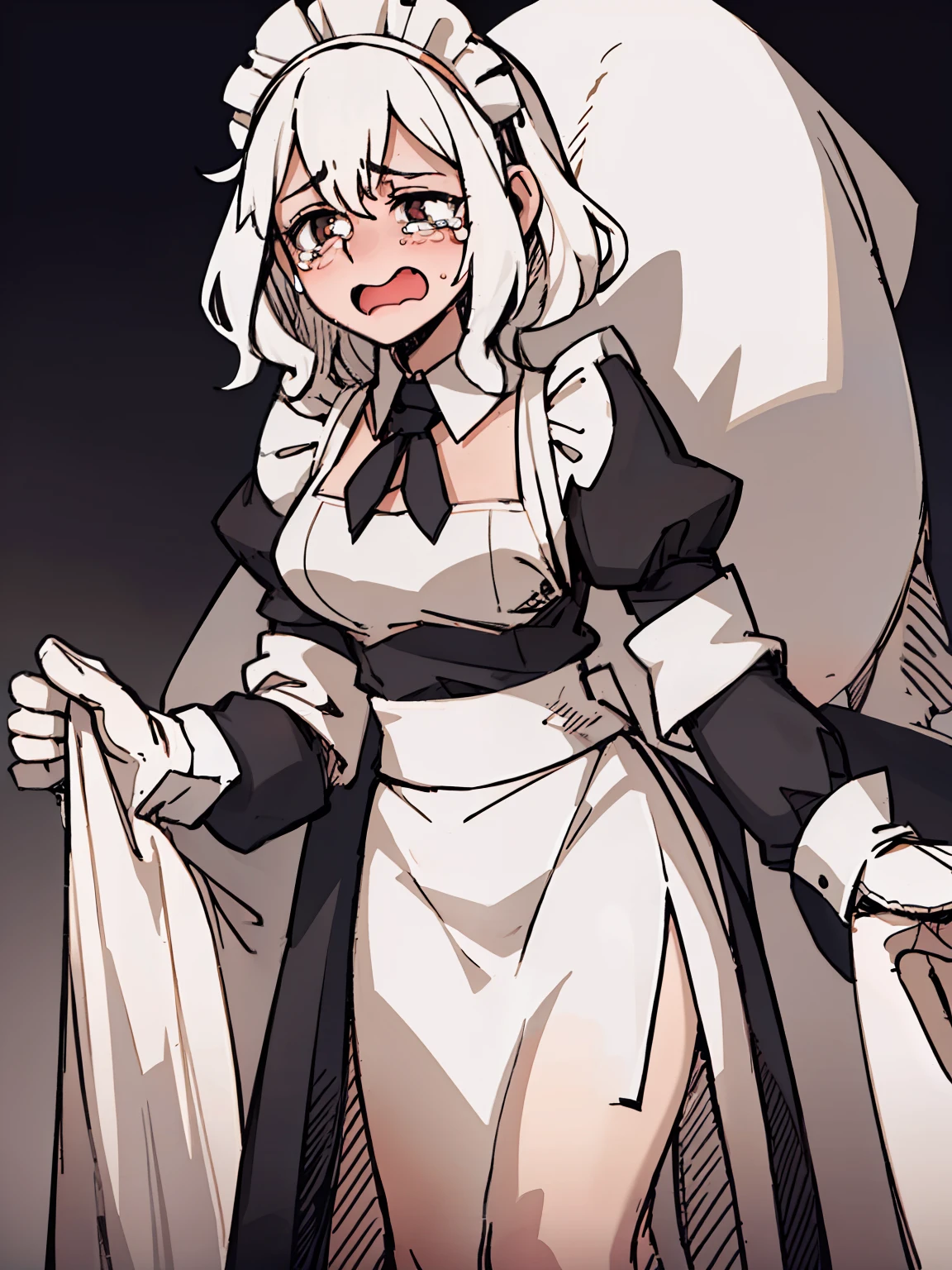 A girl frontal,((full bodyesbian,Long curly white hair,the maid outfit,streaming tears)),Calf white silk,Put your hands in front,Young, White background