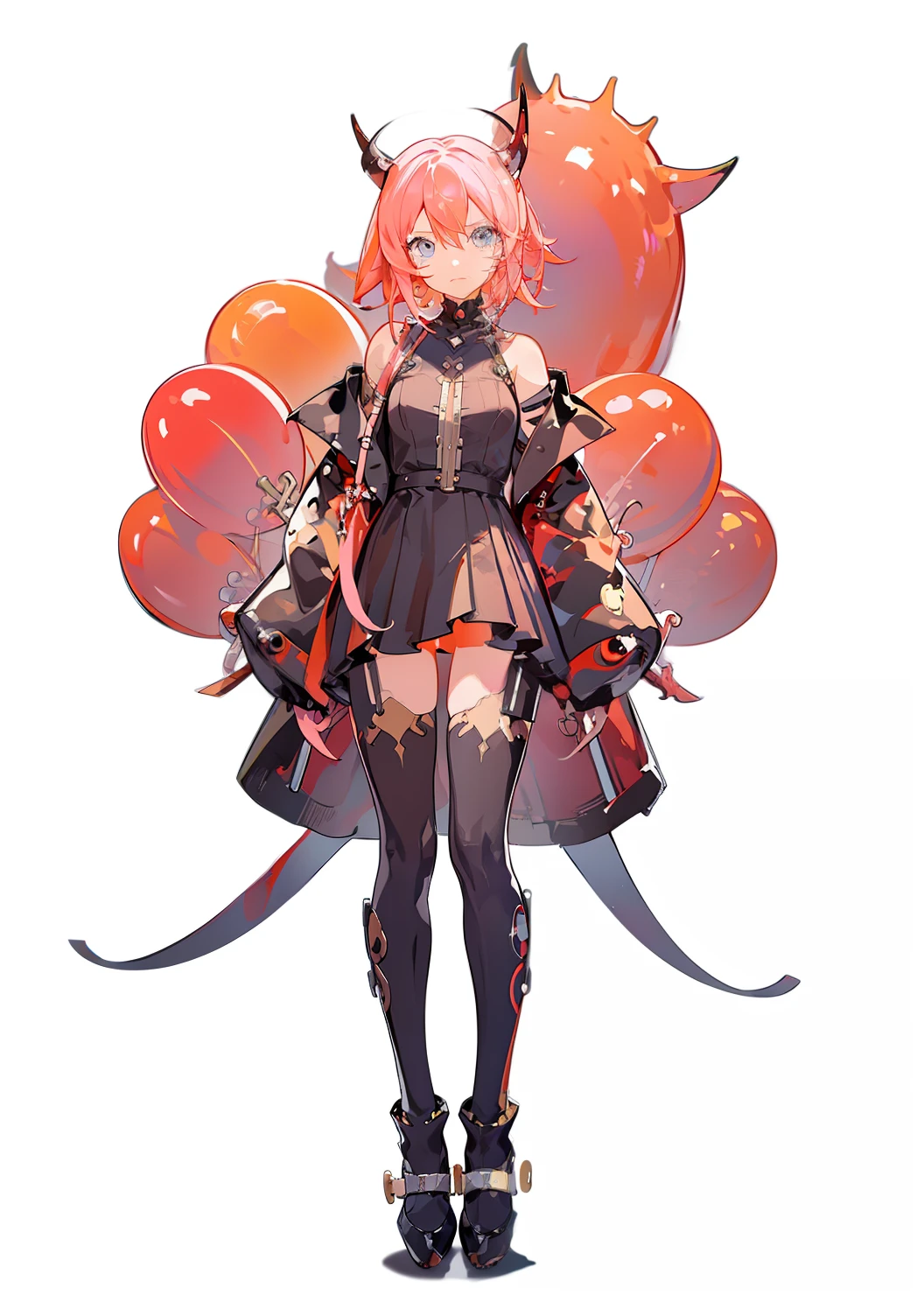 Anime girl with demon tail and demon tail holding balloon, full body concept, detailed full-body concept, full body portrait of a short!, Full body illustration, anime full body illustration, full body commission for, detailed full body concept art, full body concept art, humanoid pink female squid girl, anime woman fullbody art, [ Character design ]