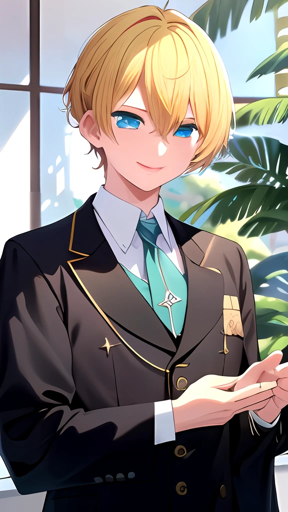 masterpiece, top-quality, hightquality, 1 juvenile, 独奏, Male Focus, Look at viewers, Hoshino_aquamarine, star-shaped_Pupils,A smile、Cowboy Shot、校服、a blond