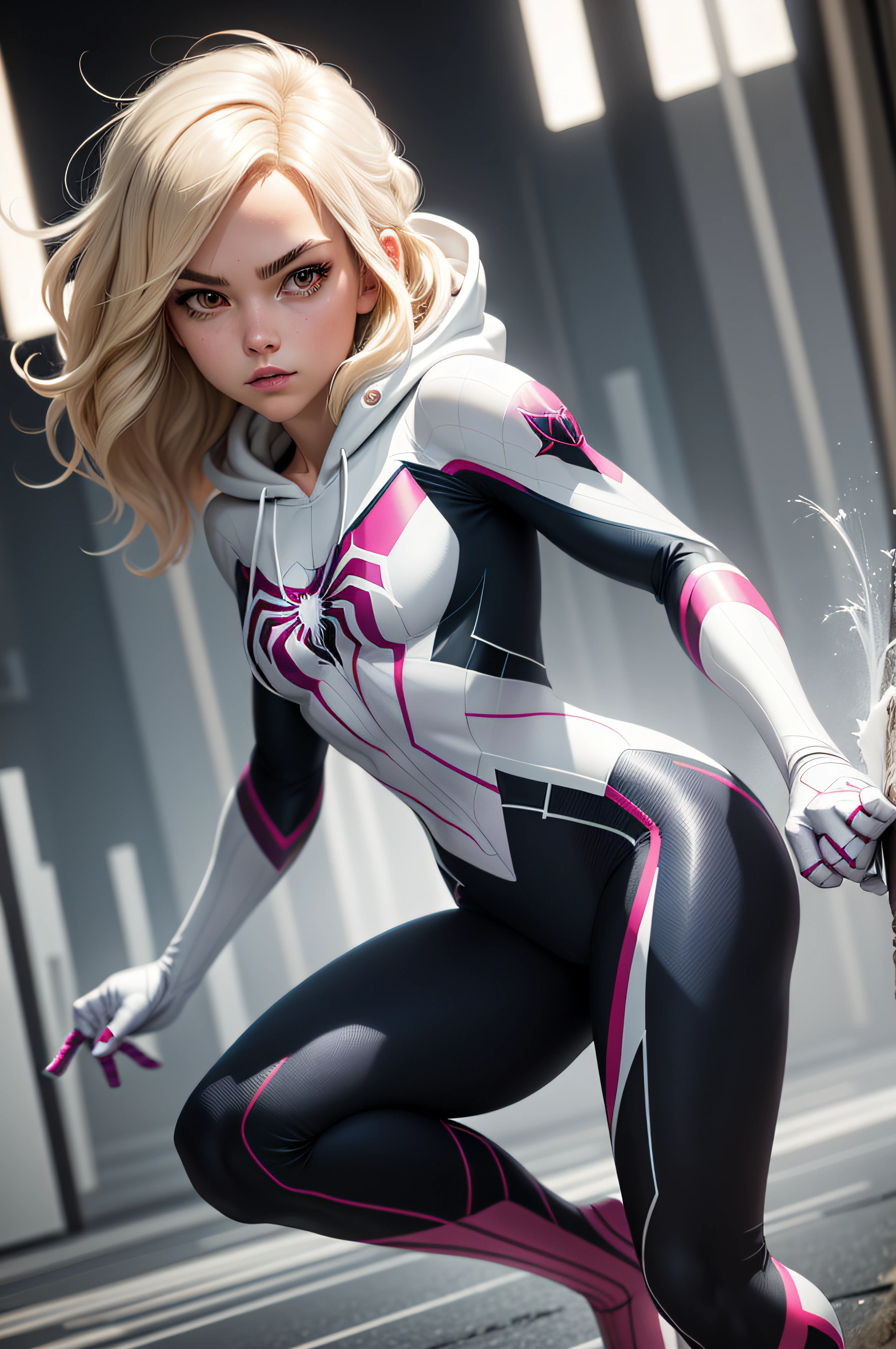18yo SpiderGwen，White Spider-Man suit，short and wavy hair，blondehair，beautifulface，hoodie, action pose, lluvia，teto，The Masterpiece，exquisite detailing，Perfect anatomy，best qulity，ultra-highresolution，4k