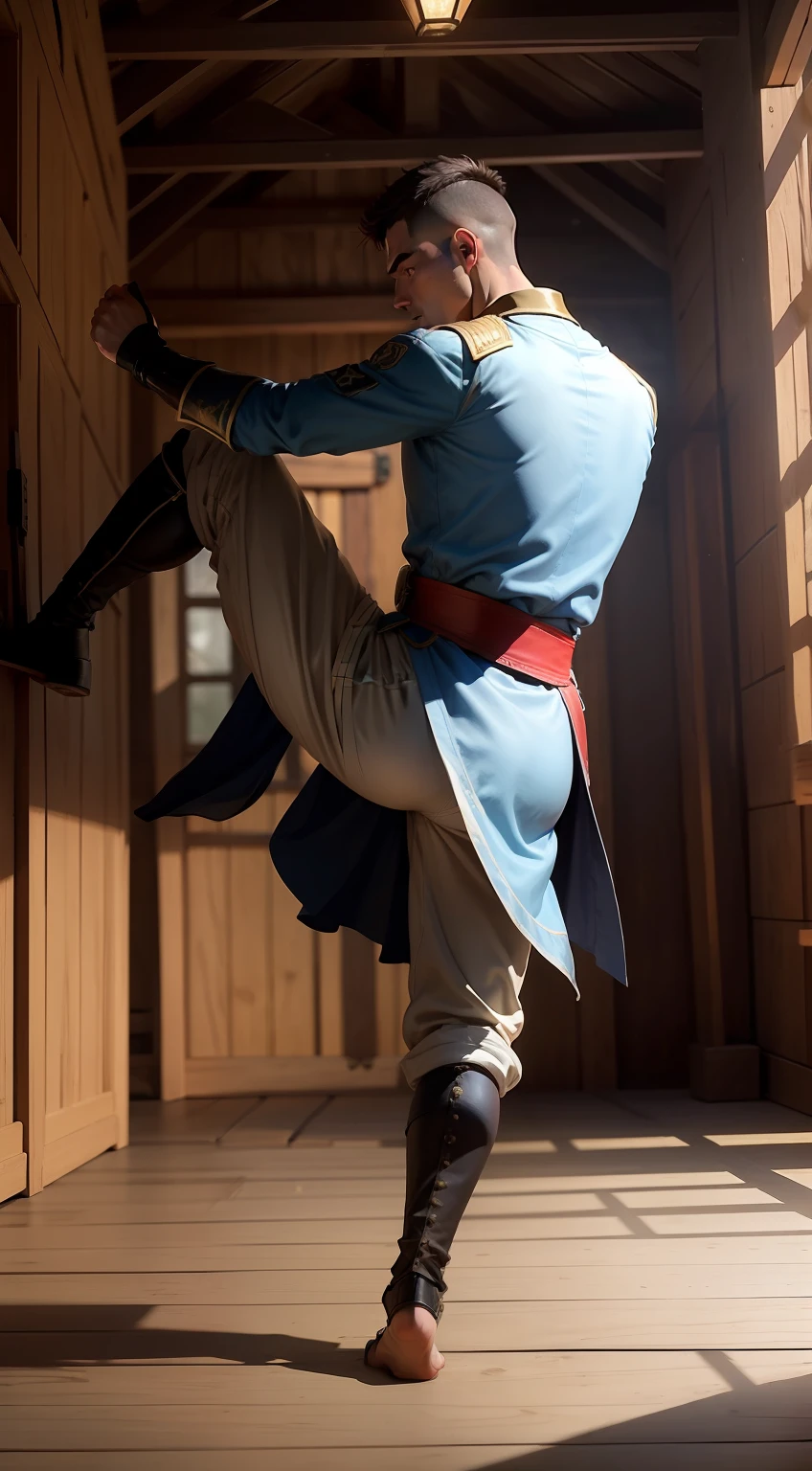 a medieval era soldier training taekwondo kicking a wooden slab