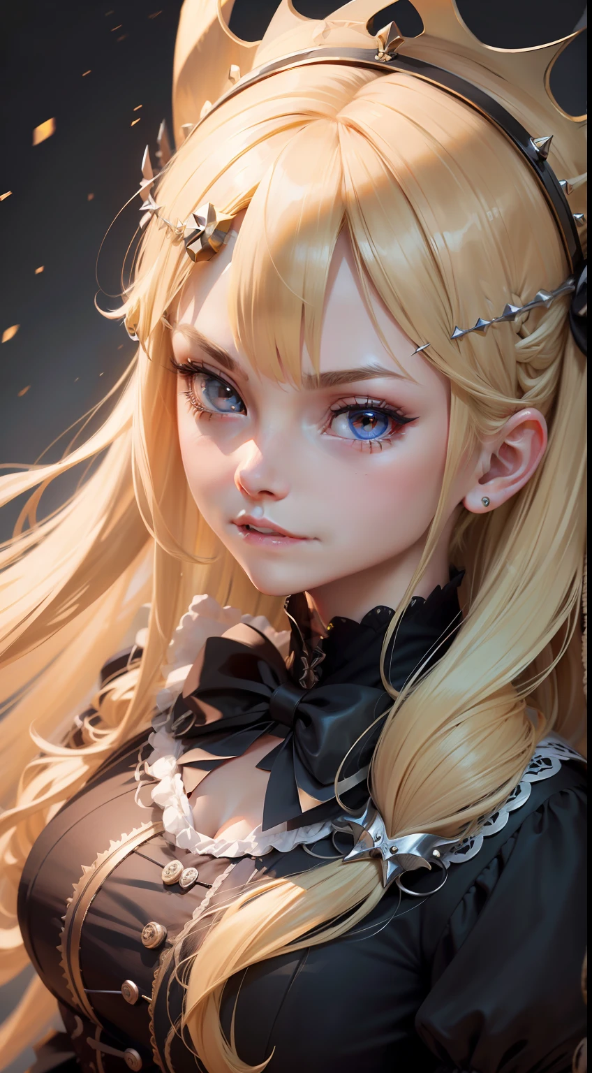 blonde hair, crown, hollow eyes, nervous smile, angry, maid headdress, hairclip, hairpin, hair bow, Gothic art, motion lines, blending, lineup, zoom layer, panorama, f/1.8, diffraction spikes, f/2.8, UHD, masterpiece