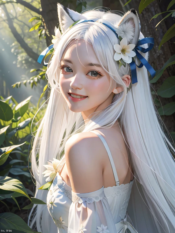 Fox ears white hair girl，teens girl，at a forest，green plant，leafs，long eyelasher, solid circle eyes, Fake animal ears, Light smile, Fang, White hair, crown, Hairpin, Hair ribbon, Hair Bow, ribbon, hair flower, Horns, surrealism, angle of view, Atmospheric perspective, Cinematic lighting, Ray tracing, first person perspective, Wide shot, vanishing point, in a panoramic view, 35mm, Lens flare, 8K, Super detail, ccurate, Best quality, hyper HD, retinas, Masterpiece, Anatomically correct, Textured skin, High details, High quality