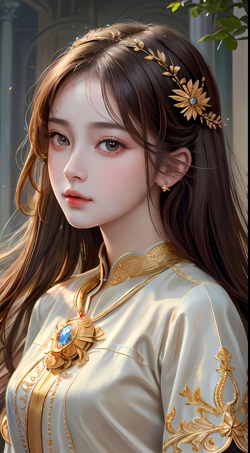 Best Quality, Masterpiece, Super High Resolution, (Realism: 1.4), Original Photo, (Real Skin Texture: 1.3), (Film Grain: 1.3), 1 Girl, Beautiful Eyes and Face Details, Masterpiece, Best Quality, Close-up, Upper Body, The zodiac art style