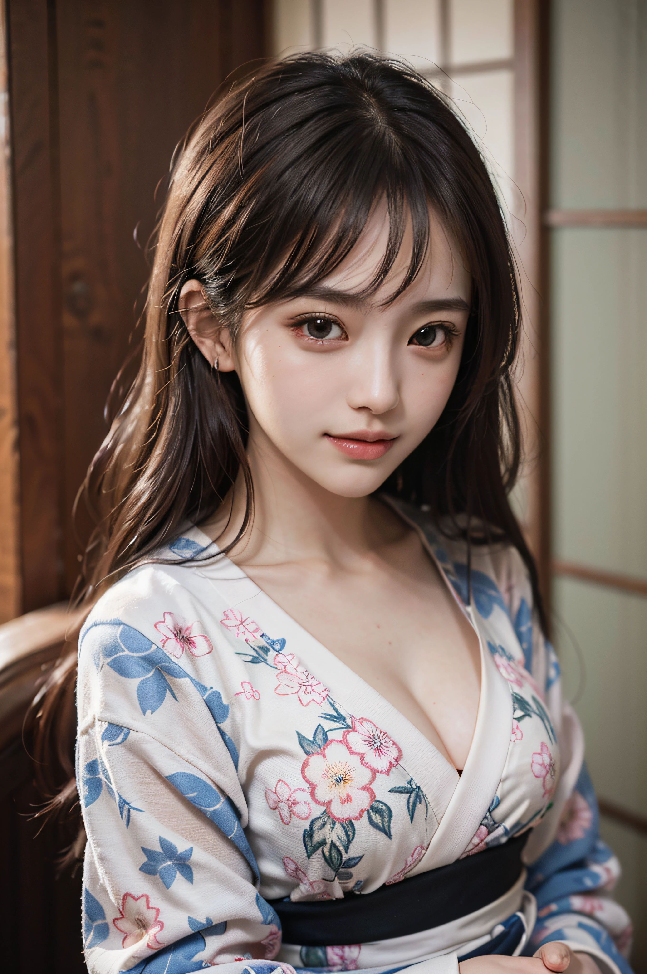 (Photorealsitic:1.4), (Top image quality:1.0), (超A high resolution:1.0), 8K, Raw photography, (masterpiece:0.2), (pureerosface_v1:0.5)、(Best Quality Detail:1.2)、realisitic、8K UHD、hight resolution、(1girl in:1.2)、The ultra-detailliert、High quality textures、intricate detailes、detaileds、Very detailed CG、High quality shadows、Detail Beautiful delicate face、Detail Beautiful delicate eyes、depth of fields、Ray traching,1girl in, japanaese girl, Cute, slender, Black kimono, Kimono with Japanese pattern,Floral scrunchie, Beautiful skin, Facing the front,Sit down, Sit upright and say thank you,Align your hands elegantly,Smile faintly The Land of Japan,Japanese garden,Luxury Japanese-style room, skyporn, Magic Hour, (Realistic:1.3), Finely detailed, quality, (masutepiece:1.2), (Photorealistic:1.2), (Best Quality), (Intricate details), Dramatic, Ray tracing, photograph, +Lola