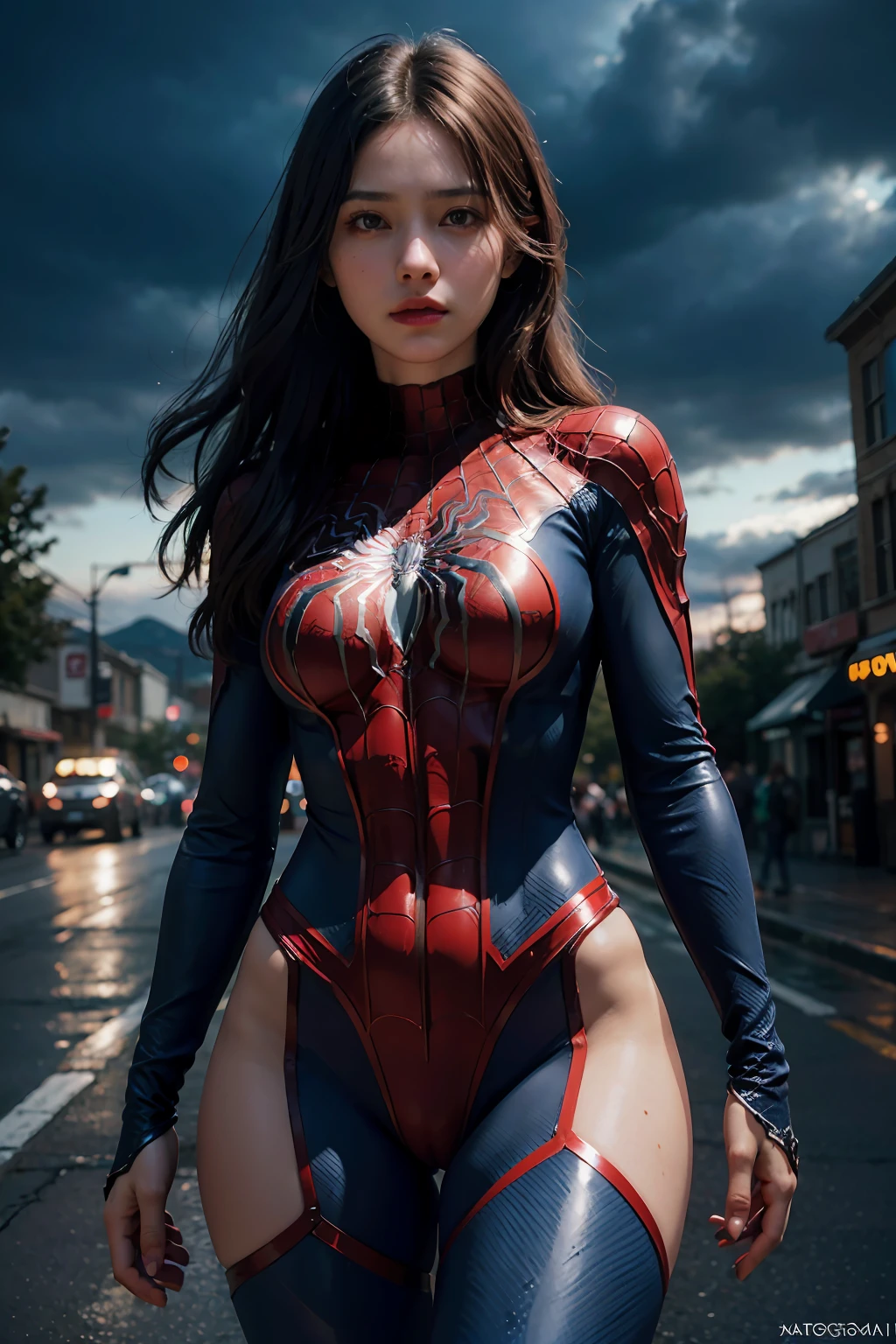 (wearing spiderwoman_cosplay_outfit:1.1), in front of a sky, 
good hand,4k, high-res, masterpiece, best quality, head:1.3,((Hasselblad photography)), finely detailed skin, sharp focus, (cinematic lighting), night, soft lighting, dynamic angle, [:(detailed face:1.2):0.2], medium breasts, outside,
