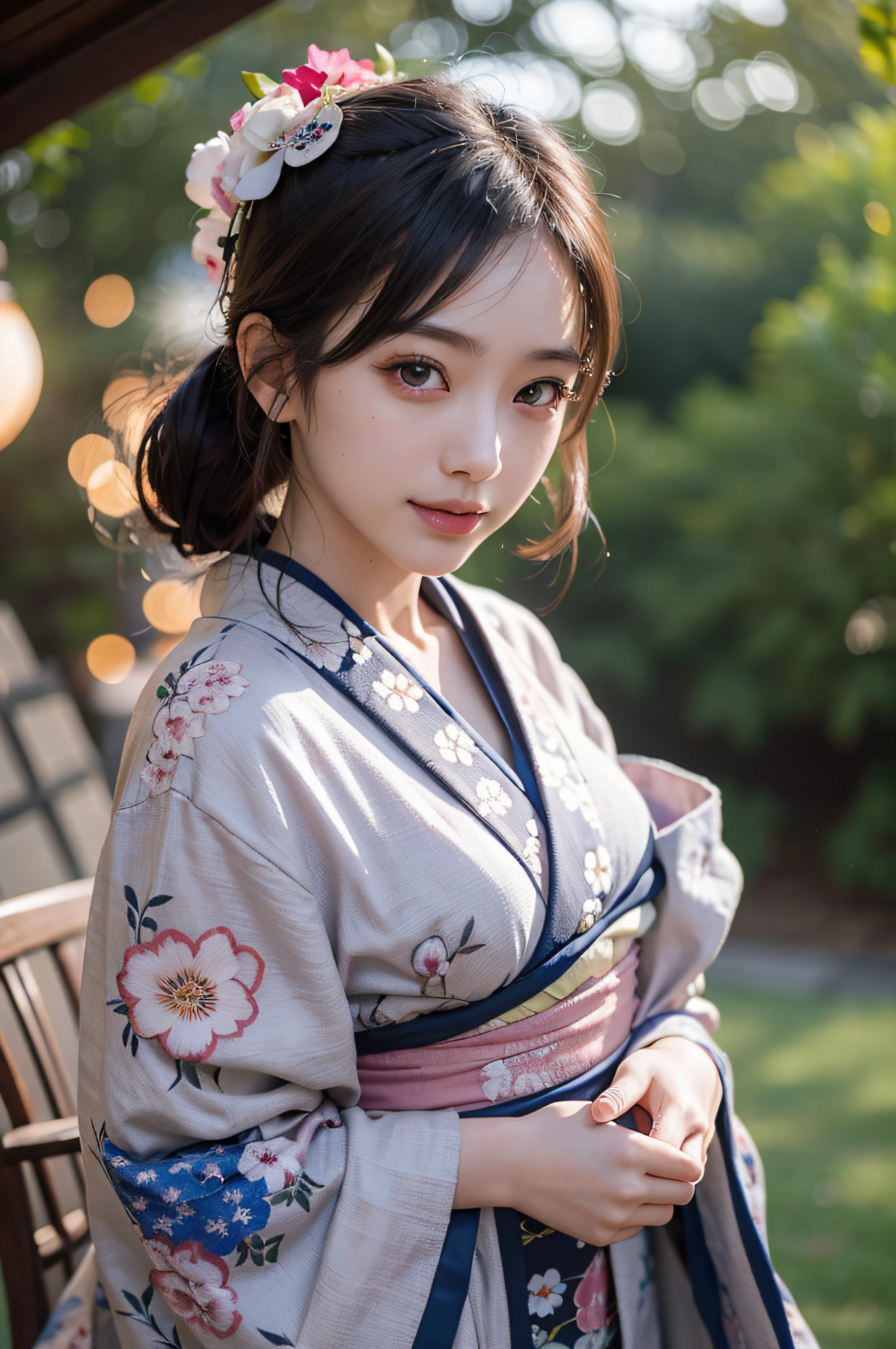 (Photorealsitic:1.4), (Top image quality:1.0), (超A high resolution:1.0), 8K, Raw photography, (masterpiece:0.2), (pureerosface_v1:0.5)、(Best Quality Detail:1.2)、realisitic、8K UHD、hight resolution、(1girl in:1.2)、The ultra-detailliert、High quality textures、intricate detailes、detaileds、Very detailed CG、High quality shadows、Detail Beautiful delicate face、Detail Beautiful delicate eyes、depth of fields、Ray traching,1girl in, japanaese girl, Cute, slender, Black kimono, Kimono with Japanese pattern,Floral scrunchie, Beautiful skin, Facing the front,Sit down, Sit upright and say thank you,Align your hands elegantly,Smile faintly The Land of Japan,Japanese garden,Luxury Japanese-style room, skyporn, Magic Hour, (Realistic:1.3), Finely detailed, quality, (masutepiece:1.2), (Photorealistic:1.2), (Best Quality), (Intricate details), Dramatic, Ray tracing, photograph, +Lola