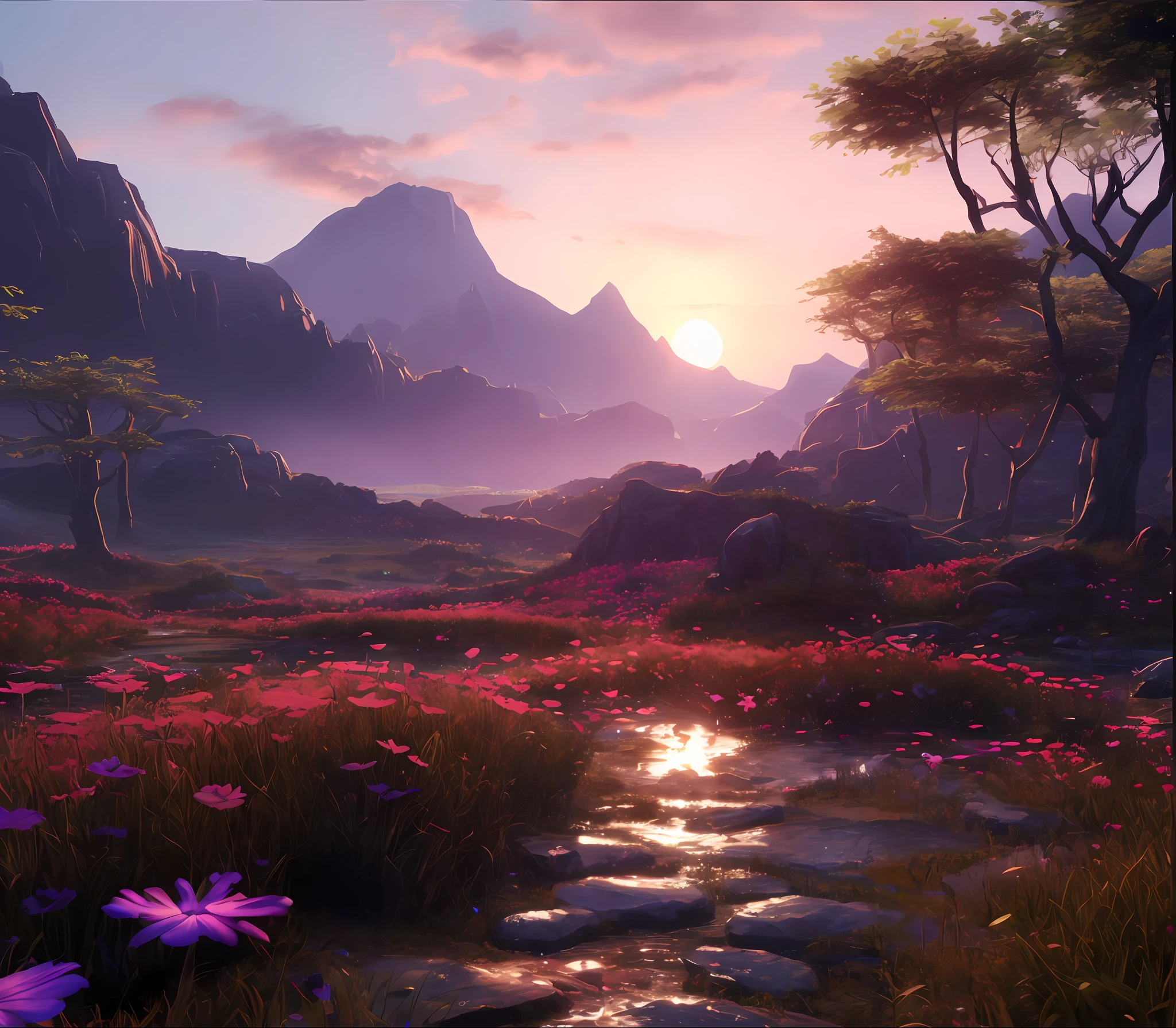There is a stream that runs through the flower fields on the mountain, beautiful landscape rendering, Beautiful environment, Rendered in redshift, Unreal Engine fantasy art, epic landscapes, beautiful screenshot, gorgeous scenery, highly detailed environments, lush alien landscape, epic landscapes, Unreal Engine 4K wallpapers, stunning arcanum backdrop, Breathtaking landscapes, Beautiful and cinematic lighting