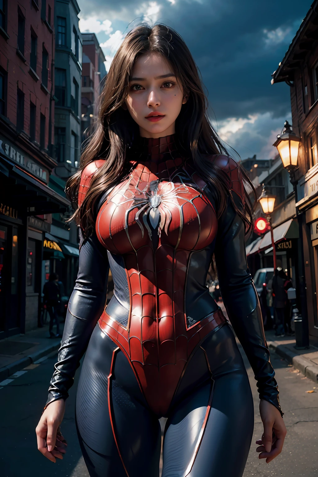 (wearing spiderwoman_cosplay_outfit:1.1), in front of a sky, 
good hand,4k, high-res, masterpiece, best quality, head:1.3,((Hasselblad photography)), finely detailed skin, sharp focus, (cinematic lighting), night, soft lighting, dynamic angle, [:(detailed face:1.2):0.2], medium breasts, outside,