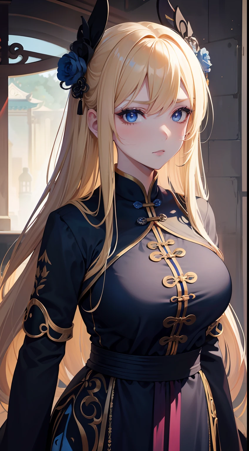 Adult woman, longue blonde hair, The eyes are blue, Black Chinese dress, frown, blue lipstick, Masterpiece, hiquality