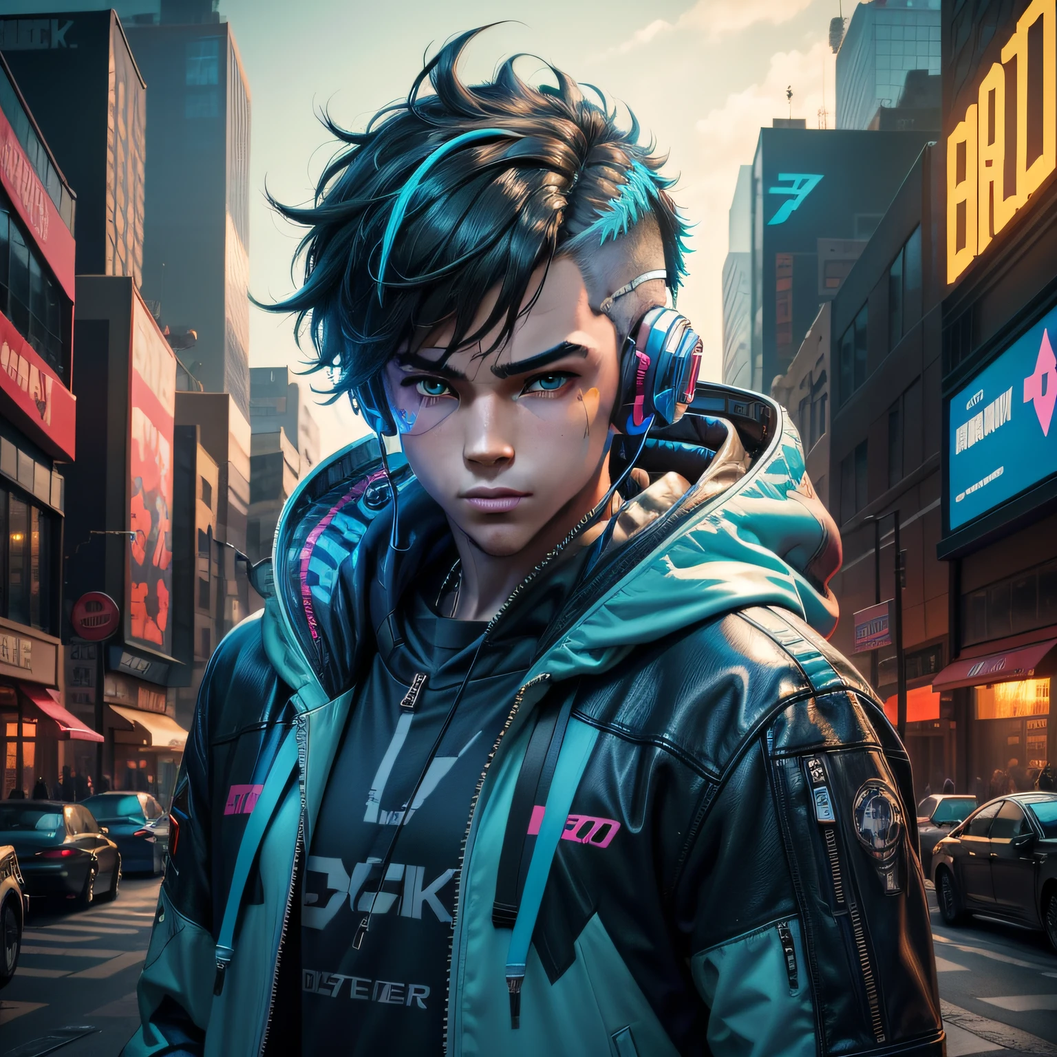 Best quality at best，illustratio，Boy wearing headphones and jacket in the city, Digital cyberpunk, Cyberpunk boy,, Male cyberpunk boy, Cyberpunk boy in hoodie, Digital cyberpunk, Cyberpunk art of a, Cyberpunk art of a,8K，Konachan wallpaper, Fantastic cyberpunk boy, Cyberpunk boy mech，Smooth and flawless face，blue colors