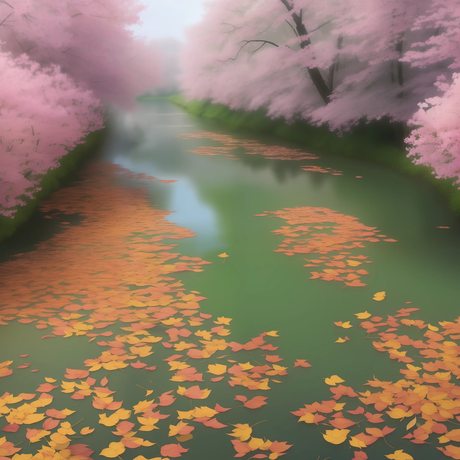hyper HD, retinas, Anatomically correct, Textured skin, Super detail, Best quality, A high resolution,Beautiful Taoyuan Township,The river is clear and luscious in water,There are pink petals fluttering in the wind,Completely different elements appear in the same image,Fantasy Forest,(/A bizarre place that goes against natural phenomena,The spring of the revival of all things and the autumn of the withering of all things are both in this place:1.3/),(Special environments where common sense is not universal:1.3),On the left, You can see pink roses and colorful flowers,(/Yellow-brown fallen leaves cover the earth on the right:1.3)/,naturalbeauty,(The river is the dividing line separating the left and right sides:1.3),(Masterpiece), (Best quality), (Ultra detailed),(Disheveled hair),(illustration),