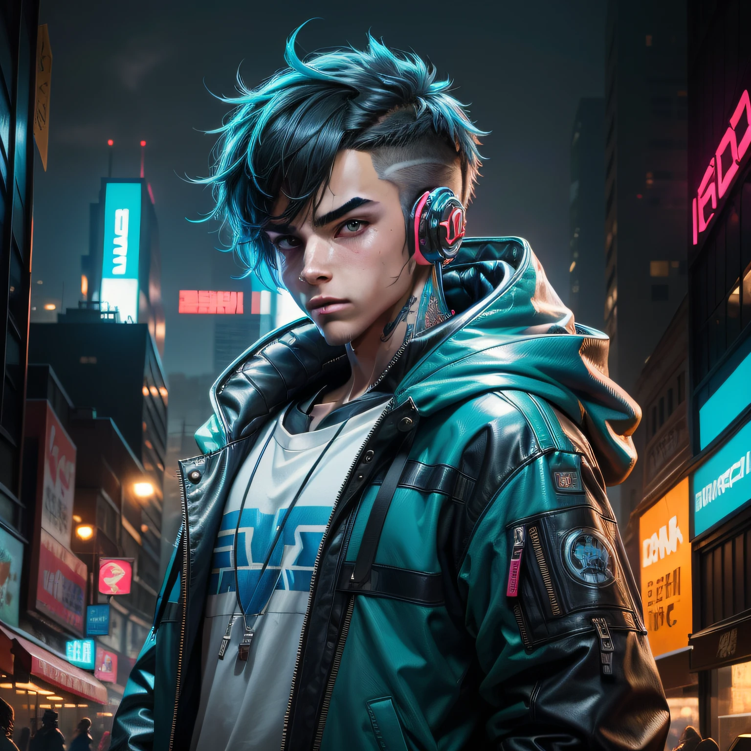 Best quality at best,illustratio,Boy wearing headphones and jacket in the city, Digital cyberpunk, Cyberpunk boy,, Male cyberpunk boy, Cyberpunk boy in hoodie, Digital cyberpunk, Cyberpunk art of a, Cyberpunk art of a,8K,Konachan wallpaper, Fantastic cyberpunk boy, Cyberpunk boy mech,Smooth and flawless face,blue colors