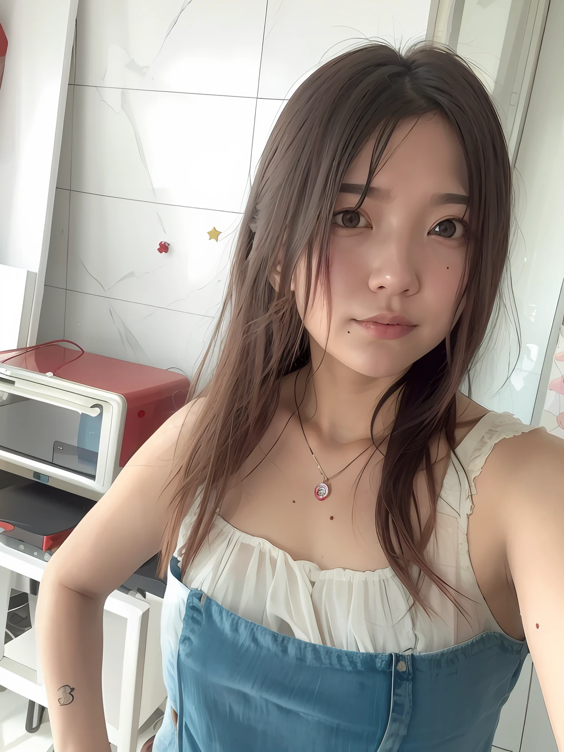 1girll，messy  hair，red leotard，red tinted hair，Estilo de Makoto Shinkai，耳Nipple Ring，choker necklace，No moles，
