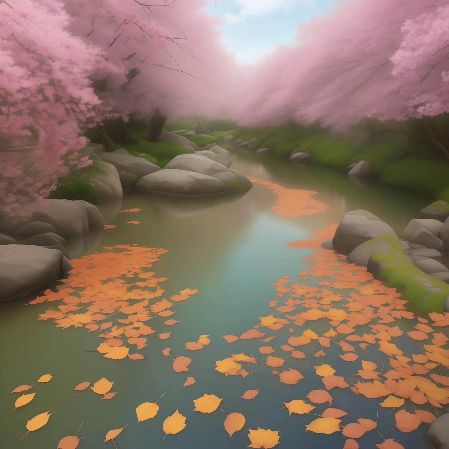 hyper HD, retinas, Anatomically correct, Textured skin, Super detail, Best quality, A high resolution,Beautiful Taoyuan Township,The river is clear and luscious in water,There are pink petals fluttering in the wind,Completely different elements appear in the same image,Fantasy Forest,(/A bizarre place that goes against natural phenomena,The spring of the revival of all things and the autumn of the withering of all things are both in this place:1.3/),(Special environments where common sense is not universal:1.3),On the left, You can see pink roses and colorful flowers,(/Yellow-brown fallen leaves cover the earth on the right:1.3)/,naturalbeauty,(The river is the dividing line separating the left and right sides:1.3),(Masterpiece), (Best quality), (Ultra detailed),(Disheveled hair),(illustration),