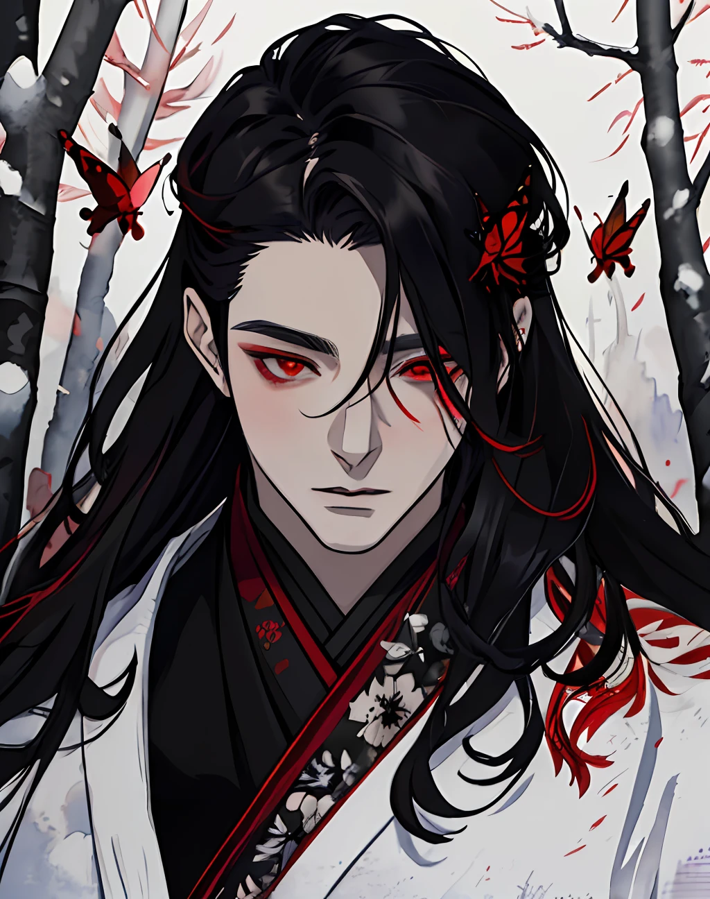 masterpiece, portrait, smoke, winter, snow, red and blck butterfly, snowy trees, watercolor, (((man))), kimono, red eyes, detaled eyes, black hair, long hair, perfect detailed face, night, attractive man, vampire