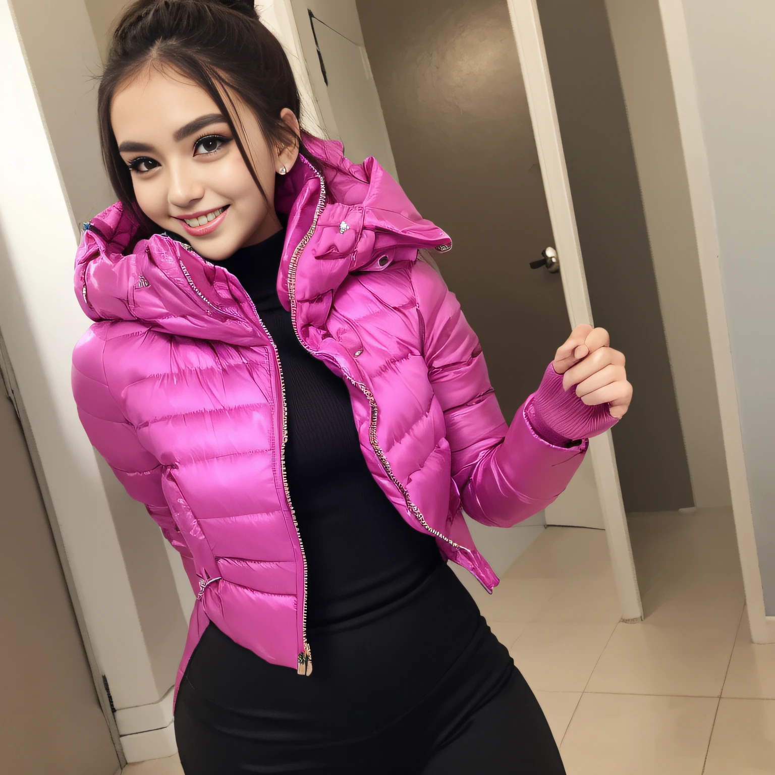 beautiful 18 year old woman, wearing (( extremely tight hot pink silk puffer coat )),   smiling,  masterpiece,  best quality, ulzzang, best face, massive file size, perfect body, perfect face