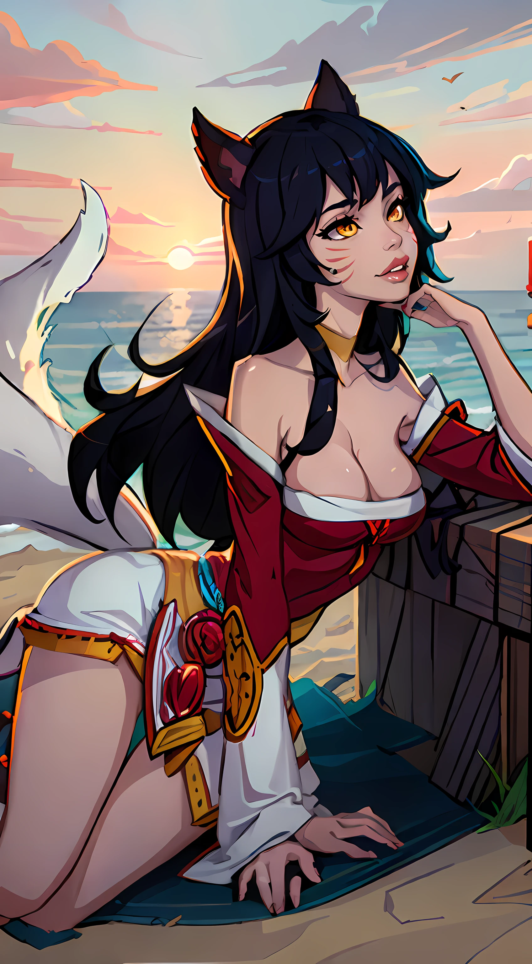 ah1, facial mark, multiple tails, fox tails, korean clothes, bare shoulders, 1girl, ahri, league of legends, at the beach, sand, sea, ocean, pinup, anatomy, loish, artstation, 4k