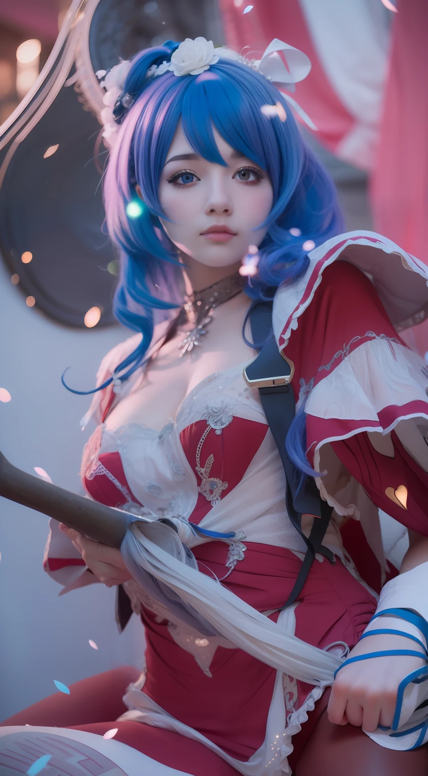 1girl, best quality, hight quality, realistic, ultra realistic, blue hair dress red white, blue hair