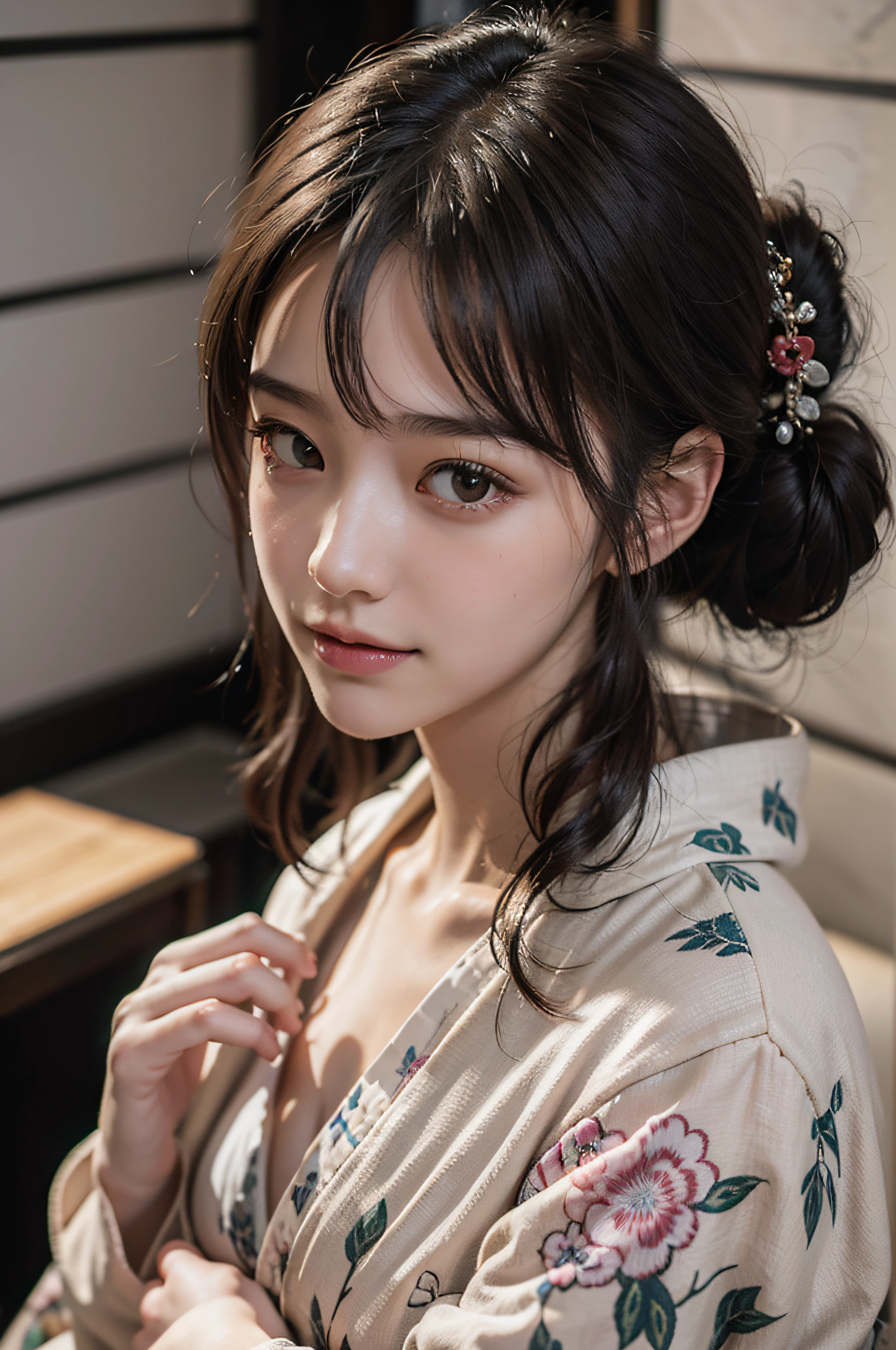 (Photorealsitic:1.4), (Top image quality:1.0), (超A high resolution:1.0), 8K, Raw photography, (masterpiece:0.2), (pureerosface_v1:0.5)、(Best Quality Detail:1.2)、realisitic、8K UHD、hight resolution、(1girl in:1.2)、The ultra-detailliert、High quality textures、intricate detailes、detaileds、Very detailed CG、High quality shadows、Detail Beautiful delicate face、Detail Beautiful delicate eyes、depth of fields、Ray traching,1girl in, japanaese girl, Cute, slender, Black kimono, Kimono with Japanese pattern,Floral scrunchie, Beautiful skin, Facing the front,Sit down, Sit upright and say thank you,Align your hands elegantly,Smile faintly The Land of Japan,Japanese garden,Luxury Japanese-style room, skyporn, Magic Hour, (Realistic:1.3), Finely detailed, quality, (masutepiece:1.2), (Photorealistic:1.2), (Best Quality), (Intricate details), Dramatic, Ray tracing, photograph, +Lola