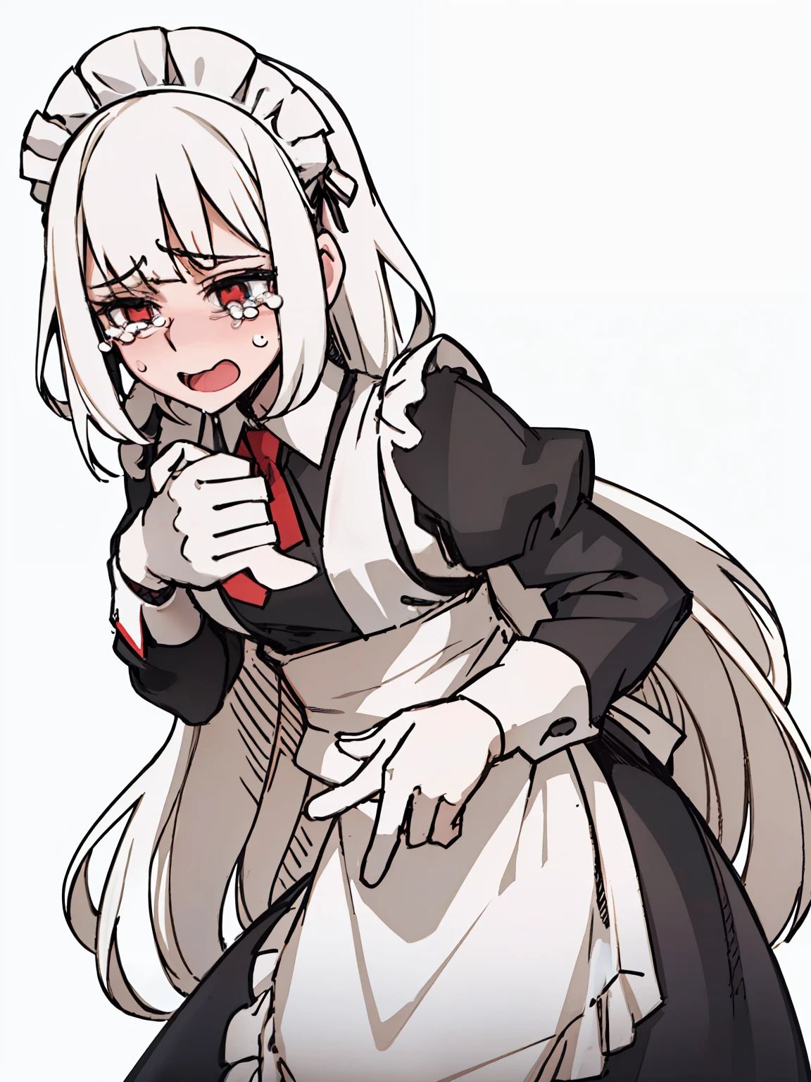 A girl frontal,((full bodyesbian,Long curly white hair,the maid outfit,streaming tears)),Calf white silk,Put your hands in front,Young, White background