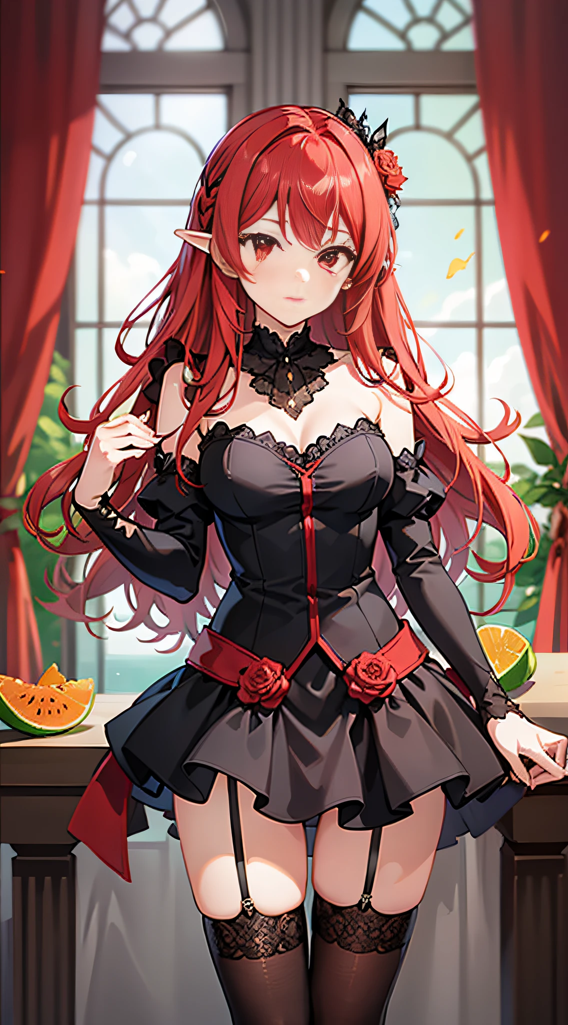 Anime girl with red rose on her head standing in royal bedroom,Long bright red hair,Bright red hair,Long blood-red hair,Orange-red eyes,Big wavy long hair,Melon seed face,A coquettish expression,Anime fire element,Black lace bandeau,black micro skirt,Black stockings,Black lace stockings,cropped shoulders,Smooth arms,Frontal photo,fully body photo,Stand with your legs crossed,fully body photo,do not show feet,ultraclear,Ultra high quality,tmasterpiece