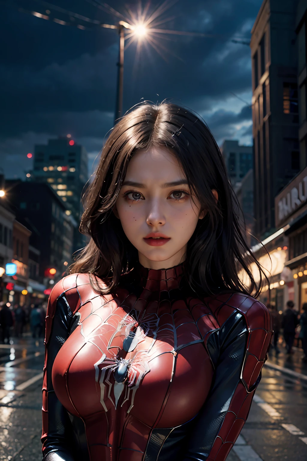 (wearing spiderwoman_cosplay_outfit:1.1), in front of a sky, 
good hand,4k, high-res, masterpiece, best quality, head:1.3,((Hasselblad photography)), finely detailed skin, sharp focus, (cinematic lighting), night, soft lighting, dynamic angle, [:(detailed face:1.2):0.2], medium breasts, outside,