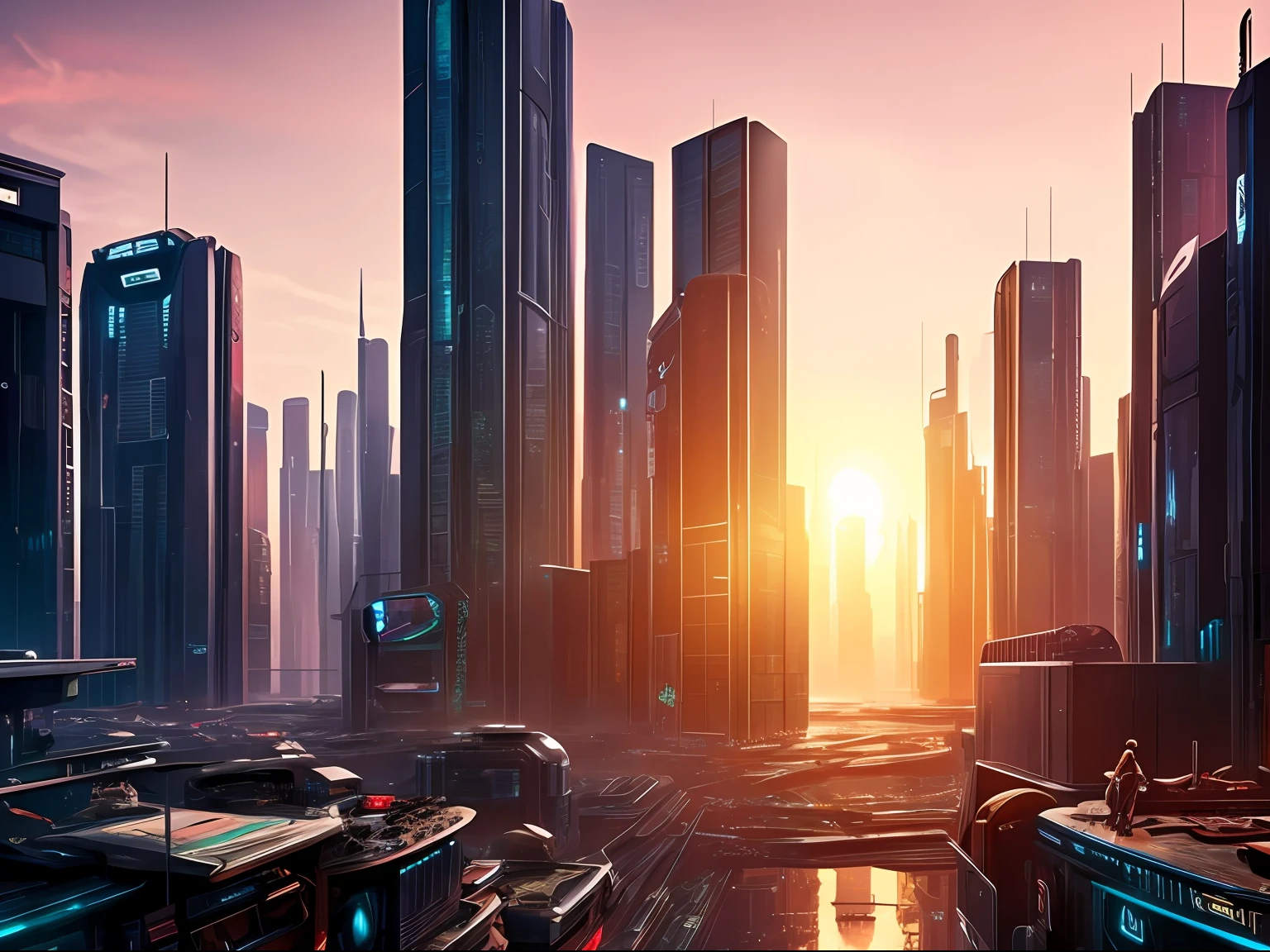 The buildings of 2100 are a megacity with a cyberpunk design、The residents who live there are:(Small mechanical animals)Walking around、Street corner with beautiful sunset、cinematic images、8K resolution
