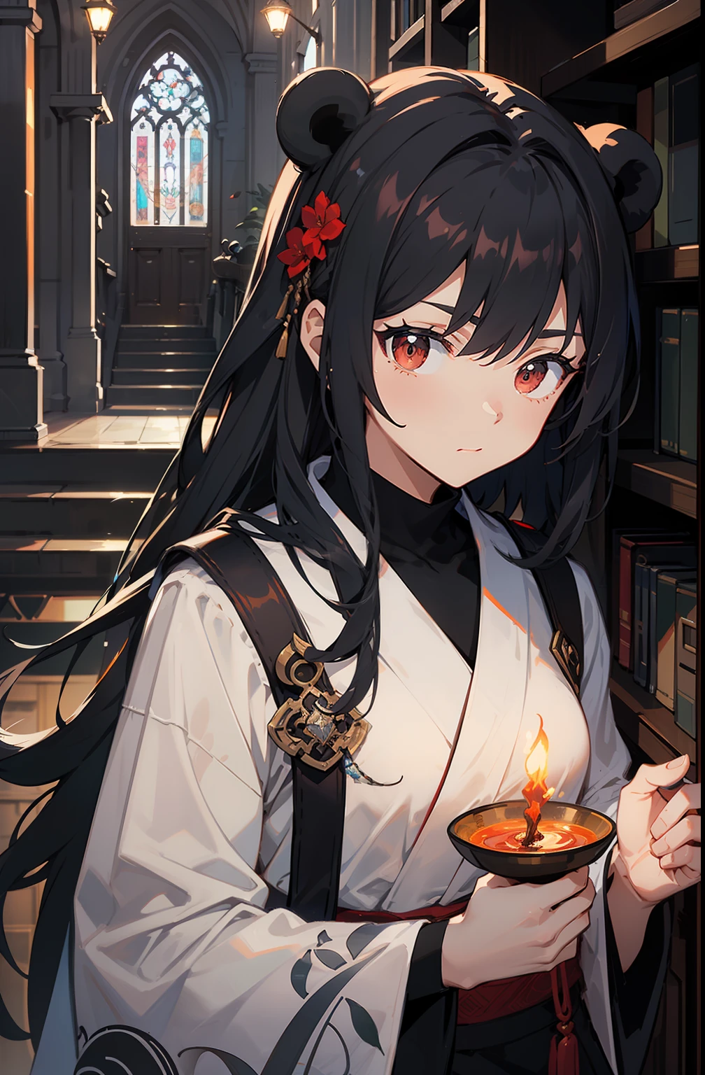 extremely detailed 8k wallpaper), intricate, richly detailed, dramatic, Panda bear with white kimono, ready for combat, Sinister face is drawn with only a pair of red eyes peeking underneath, graphics insanely, light is reflected in the ornaments, bright ashes ooze from the torches in the vaulted passage during the leisurely walk through the gloomy cathedral, Show the whole person with some distance from the surroundings to get your own license.