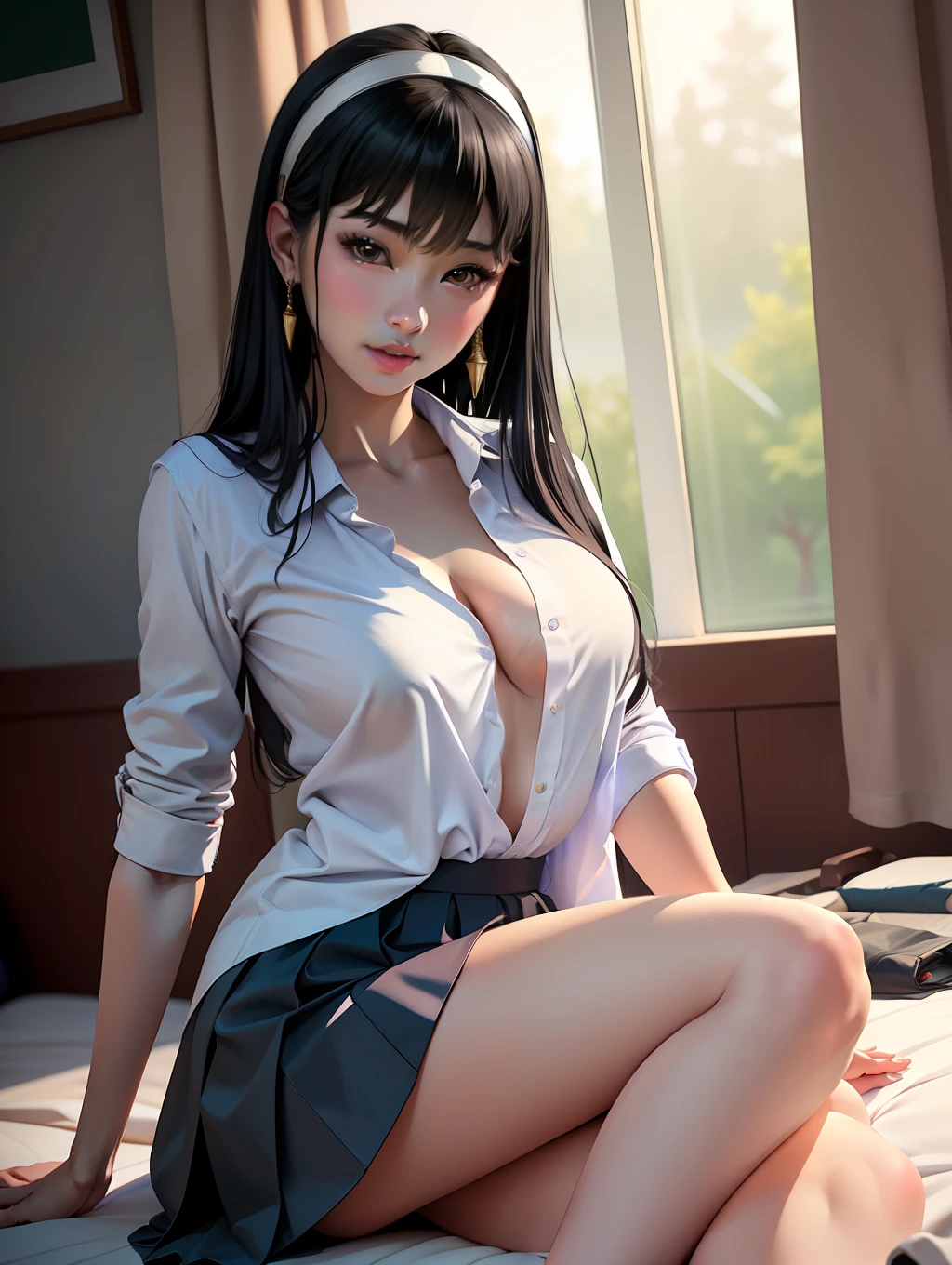 realisitic、Photorealsitic:1.37、masterpiece、colourfull、finedetail、Big、Beautiful skins、light skinned、1人の女性、(20 Years Old Beautiful Korean Woman:1.1)、(Kpop Idol、mix)、(Caucasian and Mixed)、(Western Facial Features)、The ultra -The high-definition、(8K、Raw photography、top-quality、masterpiece:1.2)、a large bust、((Realistic ))、Attractive Blue Eyes、(50mm Sigma f / 1.4 ZEISS Lenses、F1.2、1 / 800 sec、ISO 100、a picture:1.1)、(poneyTail+bionde:1.2)、(realisitic:1.4)、bokeh dof、sharp、(Photorealsitic)、Live action photos、独奏、top-quality、Very beautiful face、Very beautiful eyes、beatiful detailed eyes、Floating hair、((shool uniform))、Open Shirt Blouse、Very short miniskirt、pleatedskirt、 Not wearing panties、No pantyhose、Thinness、Super beautiful legs、Long body、Beautiful legs、((Thigh Gaps))、(modeled:1.2)、Smile from Front:1.1、dynamicposes、Opening legs、(makeups:1.2)、Arms behind your back、sitting on