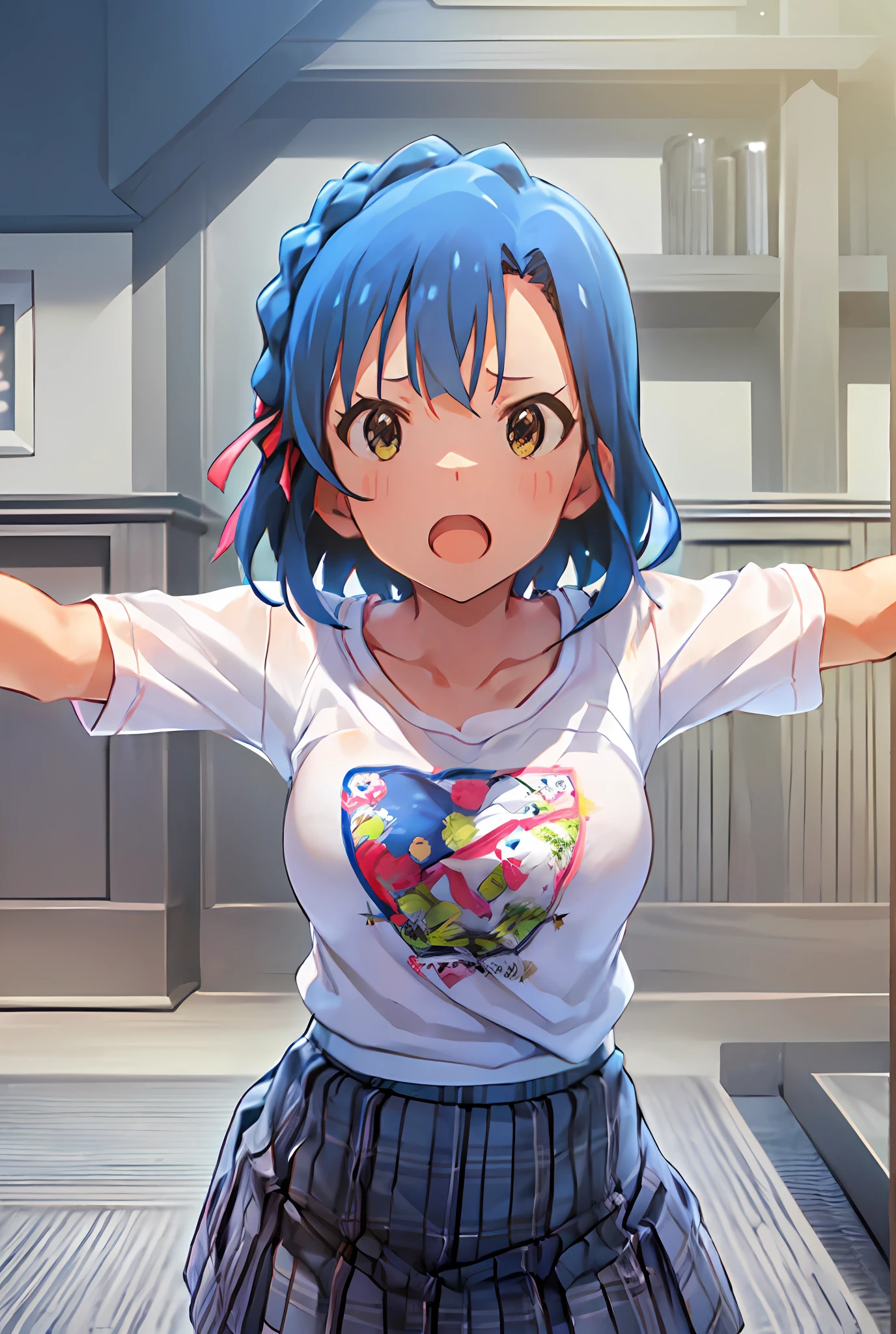 yuriko nanao (million live). Short stature. (((white t-shirts))).(((Skirt))).(((masterpiece))).(((best quality))).((Ultra-detailed))).(((illustratio))). (((Spread your arms))).(((a room))).(((up chest))).Despair face.(((short-hair))).((big breasts)).((Opening Mouth)).