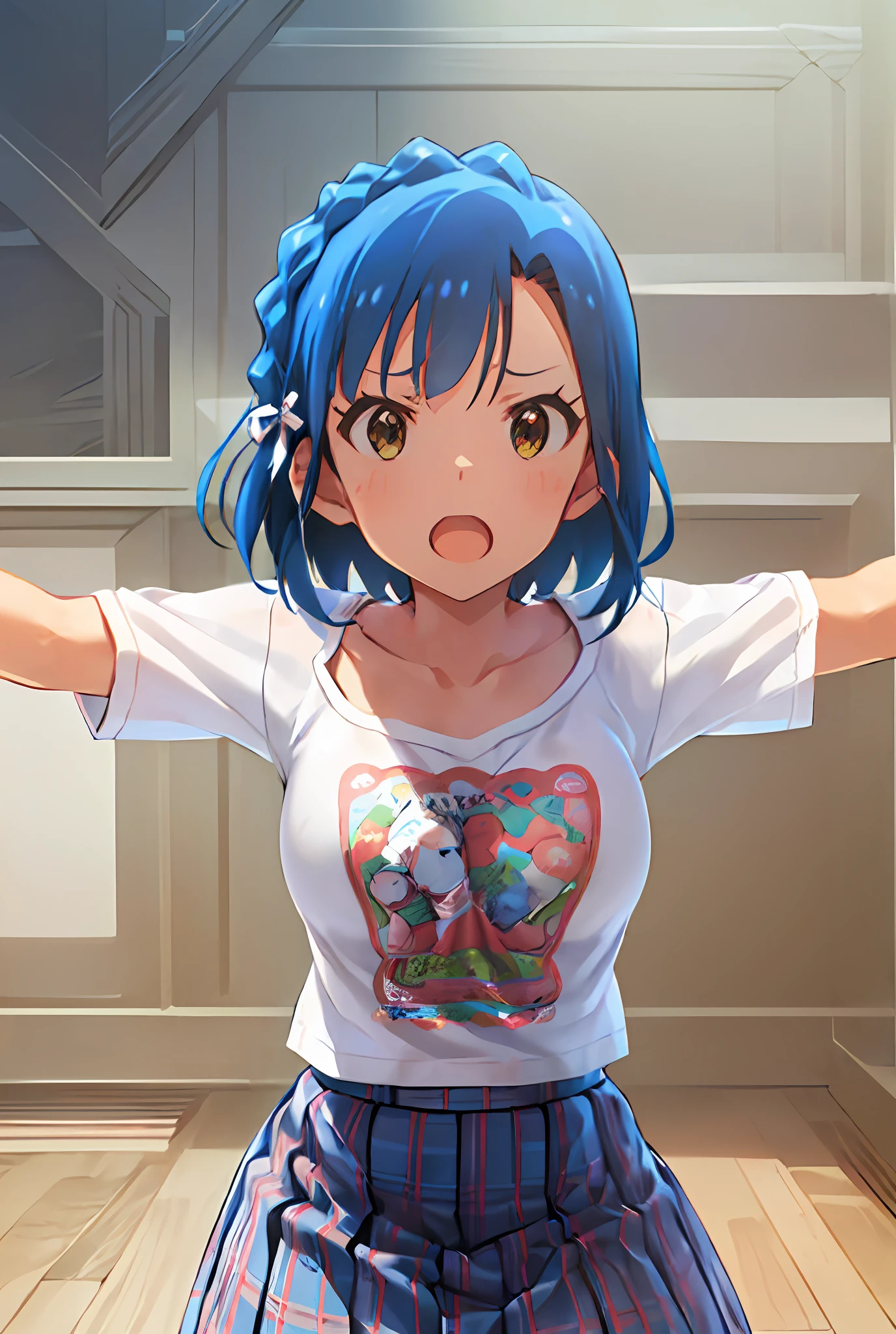 yuriko nanao (million live). Short stature. (((white t-shirts))).(((Skirt))).(((masterpiece))).(((best quality))).((Ultra-detailed))).(((illustratio))). (((Spread your arms))).(((a room))).(((up chest))).Despair face.(((short-hair))).((big breasts)).((Opening Mouth)).