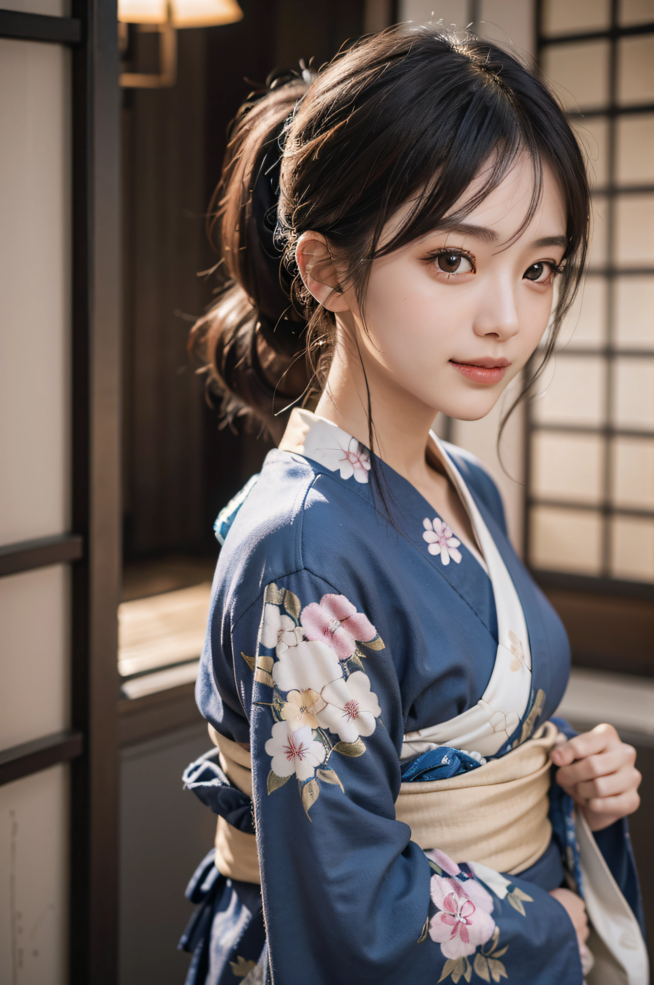 (Photorealsitic:1.4), (Top image quality:1.0), (超A high resolution:1.0), 8K, Raw photography, (masterpiece:0.2), (pureerosface_v1:0.5)、(Best Quality Detail:1.2)、realisitic、8K UHD、hight resolution、(1girl in:1.2)、The ultra-detailliert、High quality textures、intricate detailes、detaileds、Very detailed CG、High quality shadows、Detail Beautiful delicate face、Detail Beautiful delicate eyes、depth of fields、Ray traching,1girl in, japanaese girl, Cute, slender, Black kimono, Kimono with Japanese pattern,Floral scrunchie, Beautiful skin, Facing the front,Sit down, Sit upright and say thank you,Align your hands elegantly,Smile faintly The Land of Japan,Japanese garden,Luxury Japanese-style room, skyporn, Magic Hour, (Realistic:1.3), Finely detailed, quality, (masutepiece:1.2), (Photorealistic:1.2), (Best Quality), (Intricate details), Dramatic, Ray tracing, photograph, +Lola