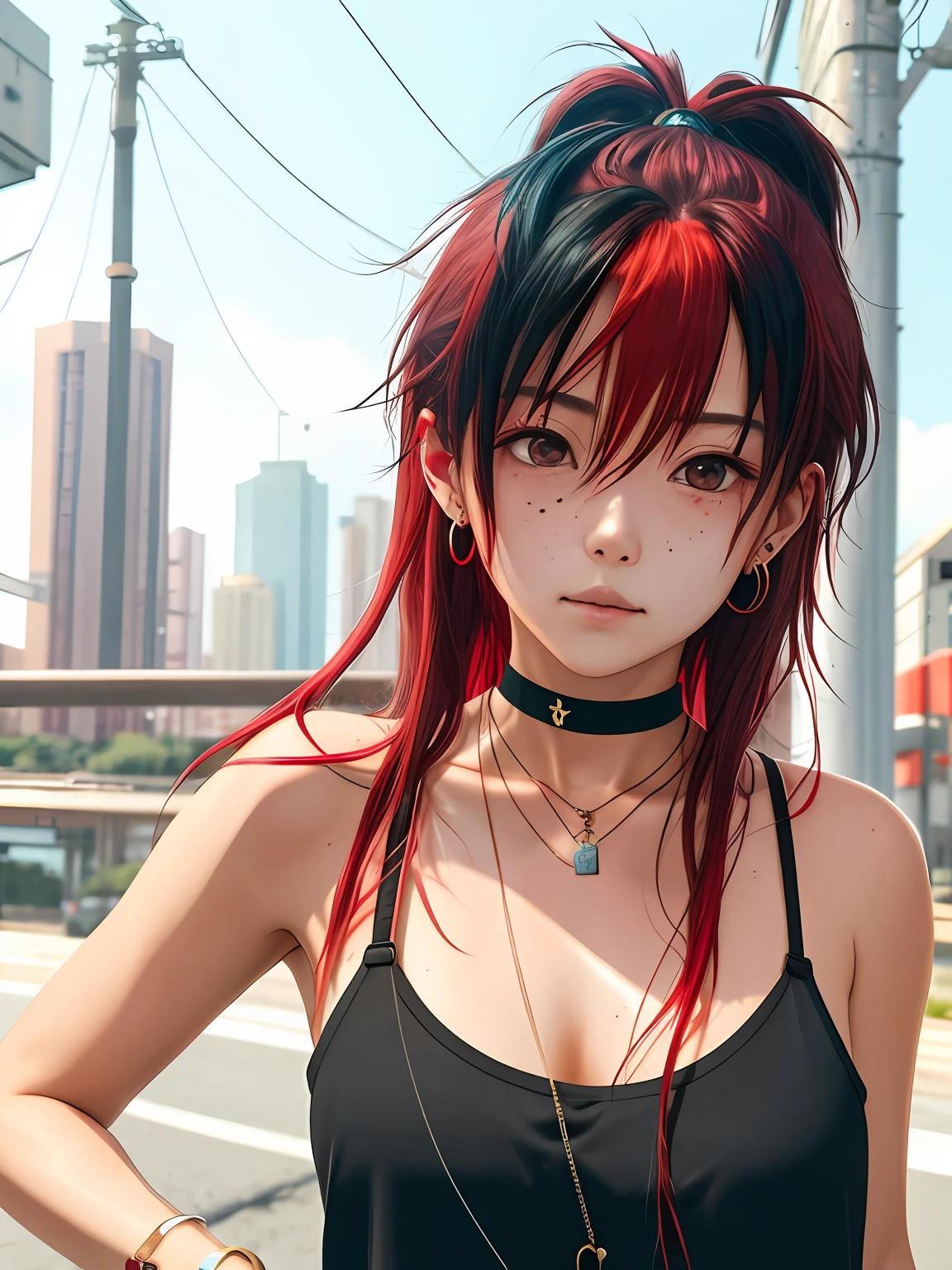 1girll,messy hair,red leotard,red tinted hair,Estilo de Makoto Shinkai,耳Nipple Ring,choker necklace,No moles,