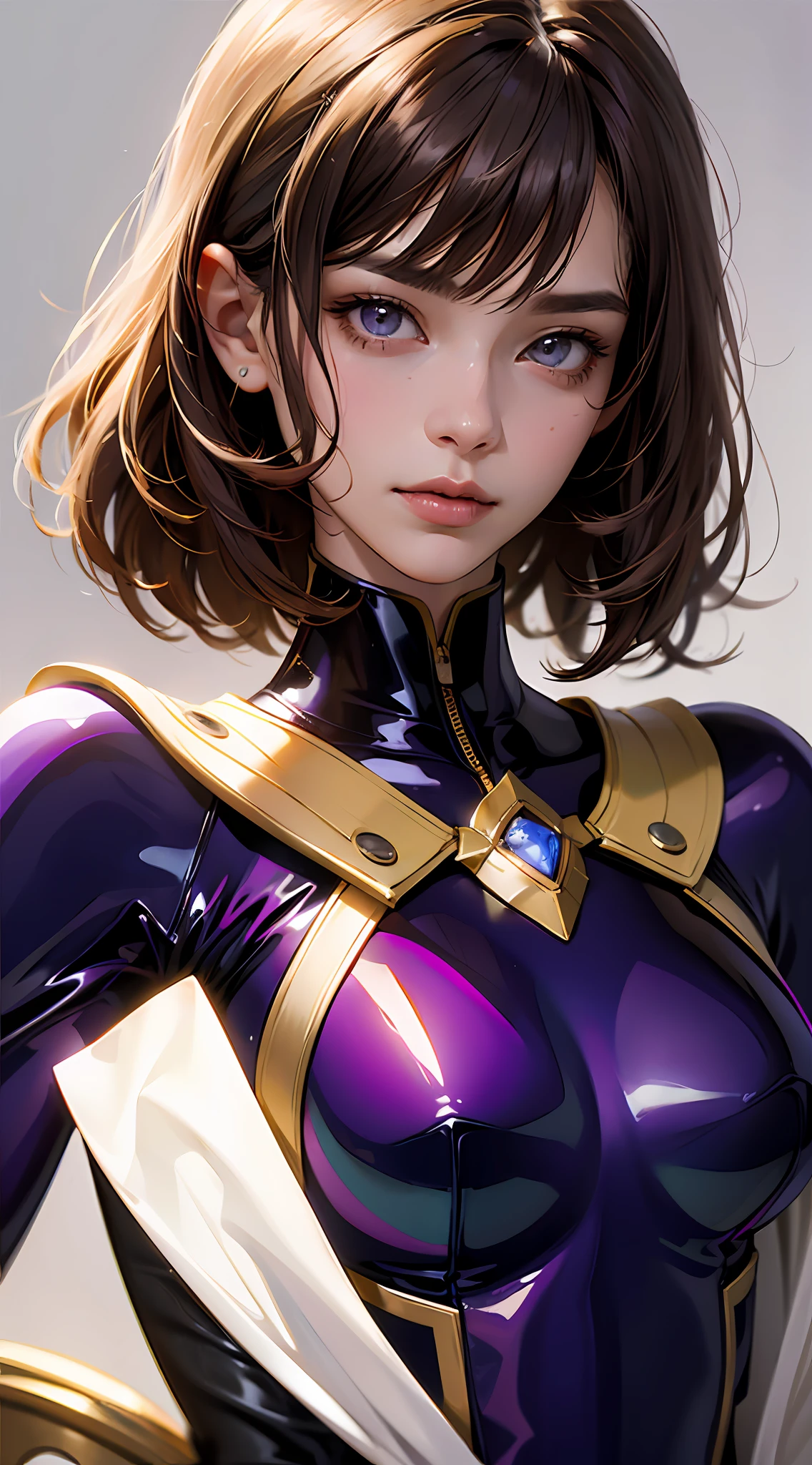 PM, (Purple Latex Suit:1), Golden Fringe Shorthair, Light brown eyes, 1girl in, 20yr old, Innocence, (Photorealsitic), (​masterpiece, :1.3),(top-quality:1.4), (超A high resolution:1.2), 超A high resolution, (A detailed eye), (detailed facial features), nffsw, 8K分辨率, (lensflare:0.7),