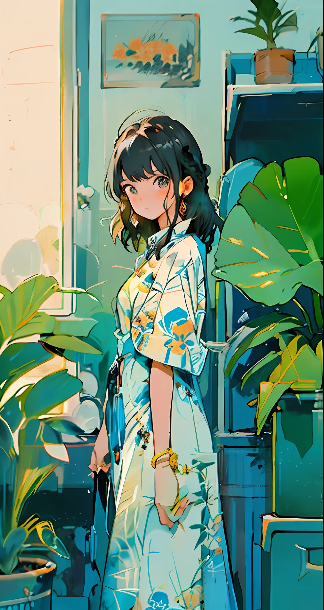 1girl, a plant, 独奏, jewely, 耳Nipple Ring, potted plant, A dark-haired, doress, looking at the viewers, shortsleeves, bangss, red blush, brown-eyed, with floral pattern, Indoors, A bracelet, is standing, shelves, shorth hair, hair adornments, print dress, manicure, a blue dress, Medium hair, Braids, a closed mouth