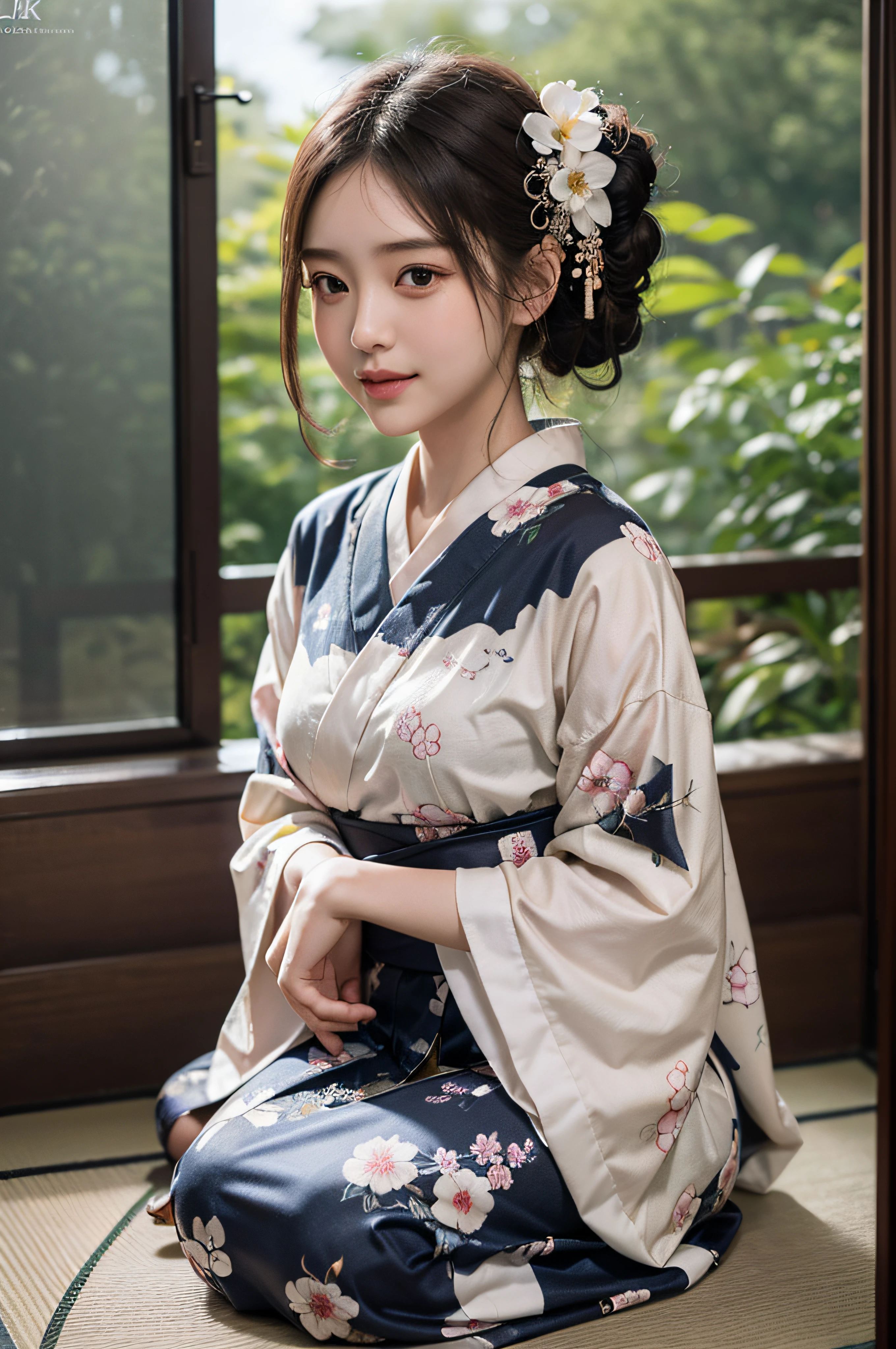 (Photorealsitic:1.4), (Top image quality:1.0), (超A high resolution:1.0), 8K, Raw photography, (masterpiece:0.2), (pureerosface_v1:0.5)、(Best Quality Detail:1.2)、realisitic、8K UHD、hight resolution、(1girl in:1.2)、The ultra-detailliert、High quality textures、intricate detailes、detaileds、Very detailed CG、High quality shadows、Detail Beautiful delicate face、Detail Beautiful delicate eyes、depth of fields、Ray traching,1girl in, japanaese girl, Cute, slender, Black kimono, Kimono with Japanese pattern,Floral scrunchie, Beautiful skin, Facing the front,Sit down, Sit upright and say thank you,Align your hands elegantly,Smile faintly The Land of Japan,Japanese garden,Luxury Japanese-style room, skyporn, Magic Hour, (Realistic:1.3), Finely detailed, quality, (masutepiece:1.2), (Photorealistic:1.2), (Best Quality), (Intricate details), Dramatic, Ray tracing, photograph, +Lola