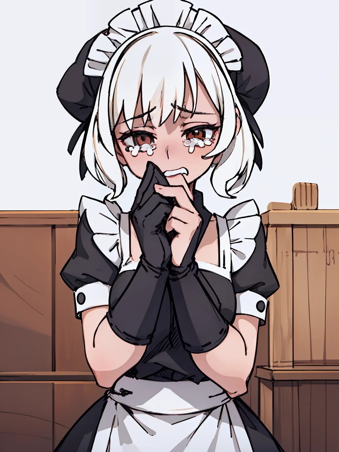 A girl frontal,((full bodyesbian,Long curly white hair,the maid outfit,streaming tears)),Calf white silk,Put your hands in front,Young, White background
