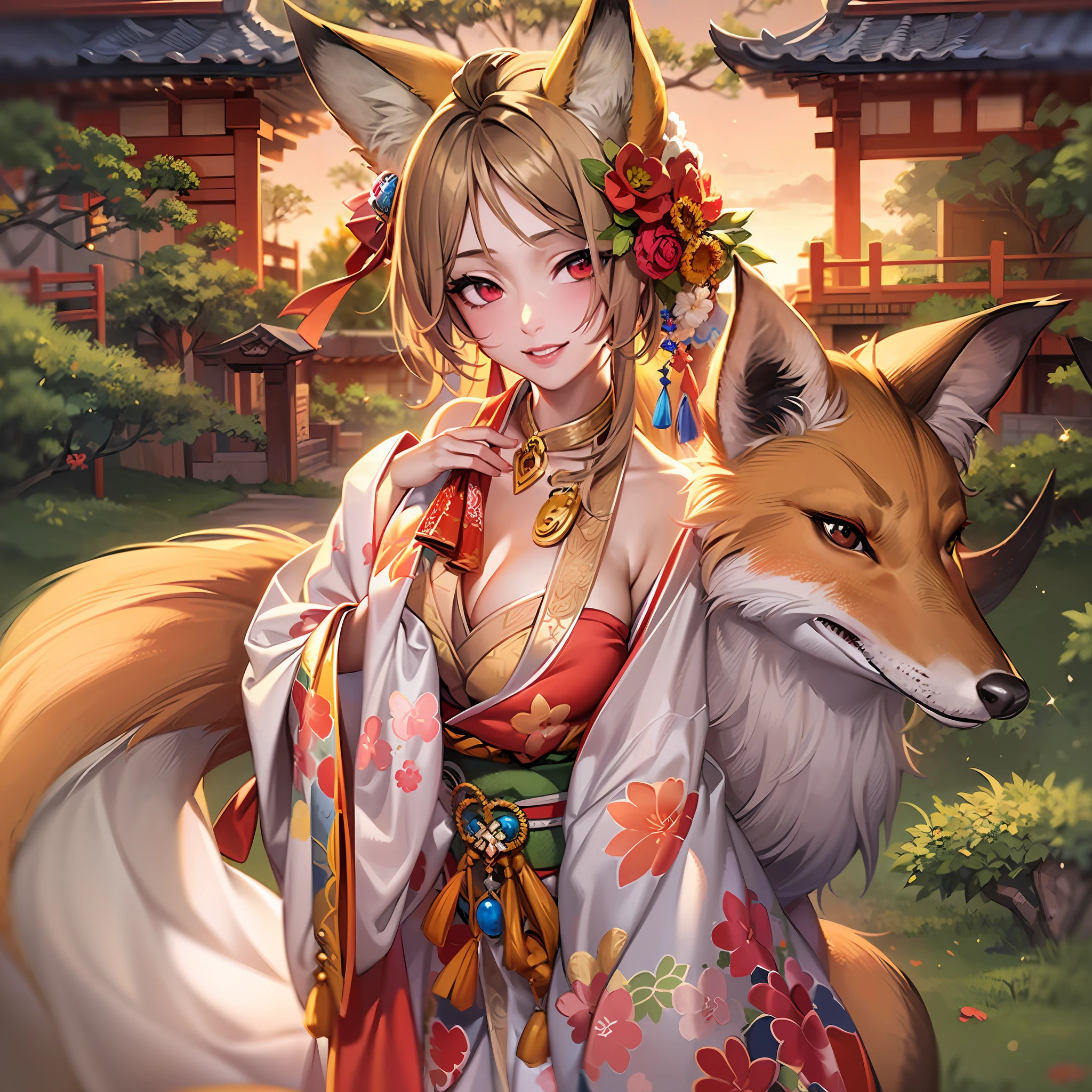 (Best quality), (masterpiece:1.3), (photorealistic:1.36), (realistic), ultra-detailed, Japanese Anime Style, Moe, 1Sexy beauty, collarbone, cleavage (between breasts), This depicts a fox disguised as a female, dressed in off-the-shoulder kimono clothing, an golden fox with red eyes in the background, the twilight, stand on the land, Lateral, looking at viewer,