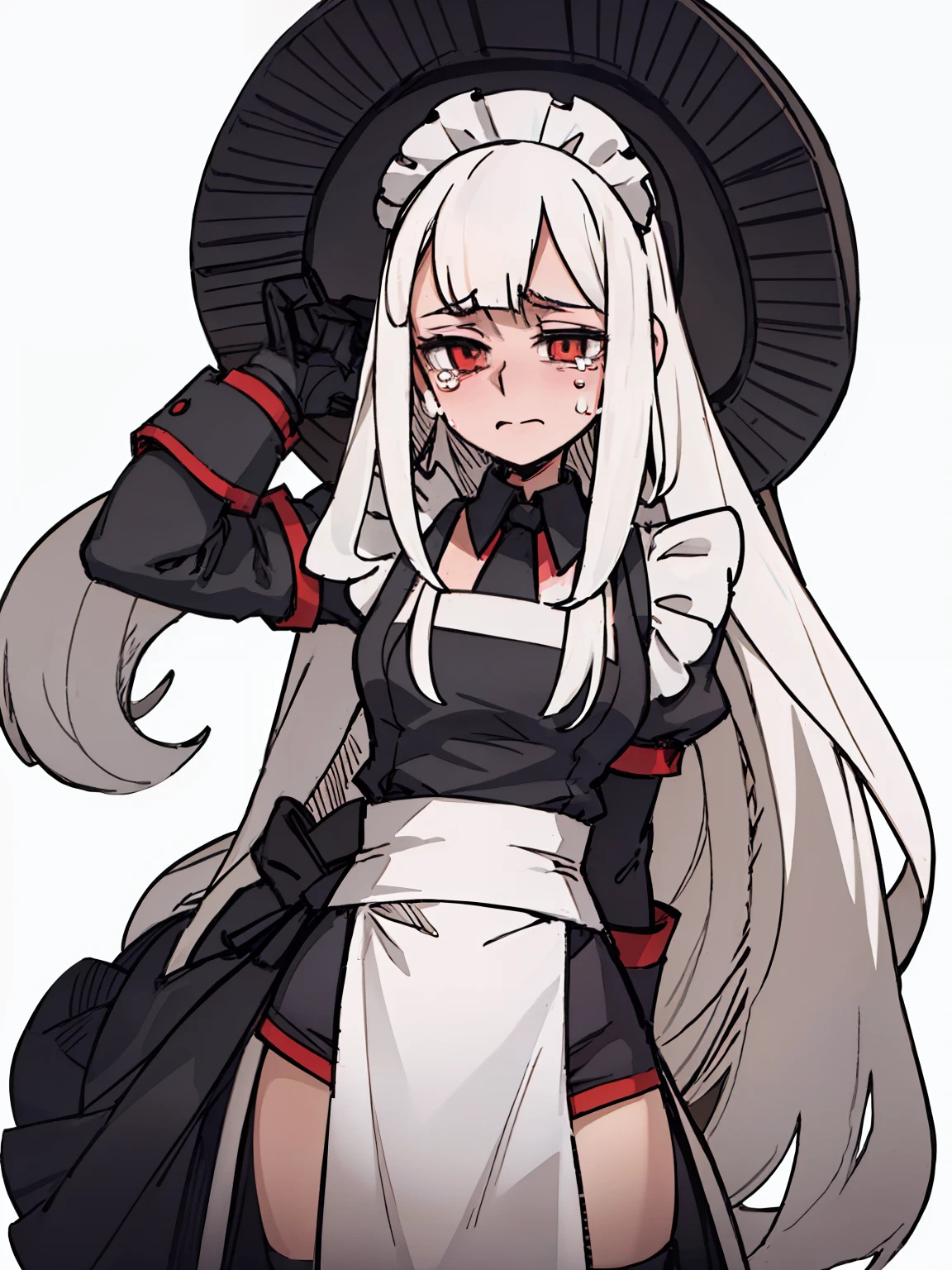 A girl frontal,((full bodyesbian,Long curly white hair,the maid outfit,streaming tears)),Calf white silk,Put your hands in front,Young, White background