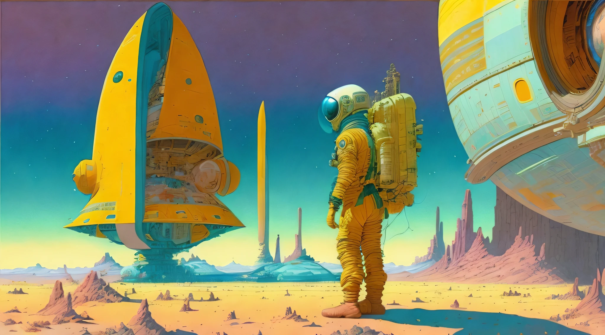 a painting of a Astronauts in Space Suit, repairing a large spaceship, another large spaceship in the background, alien planet, ringed planet by Moebius Jean Giraud
