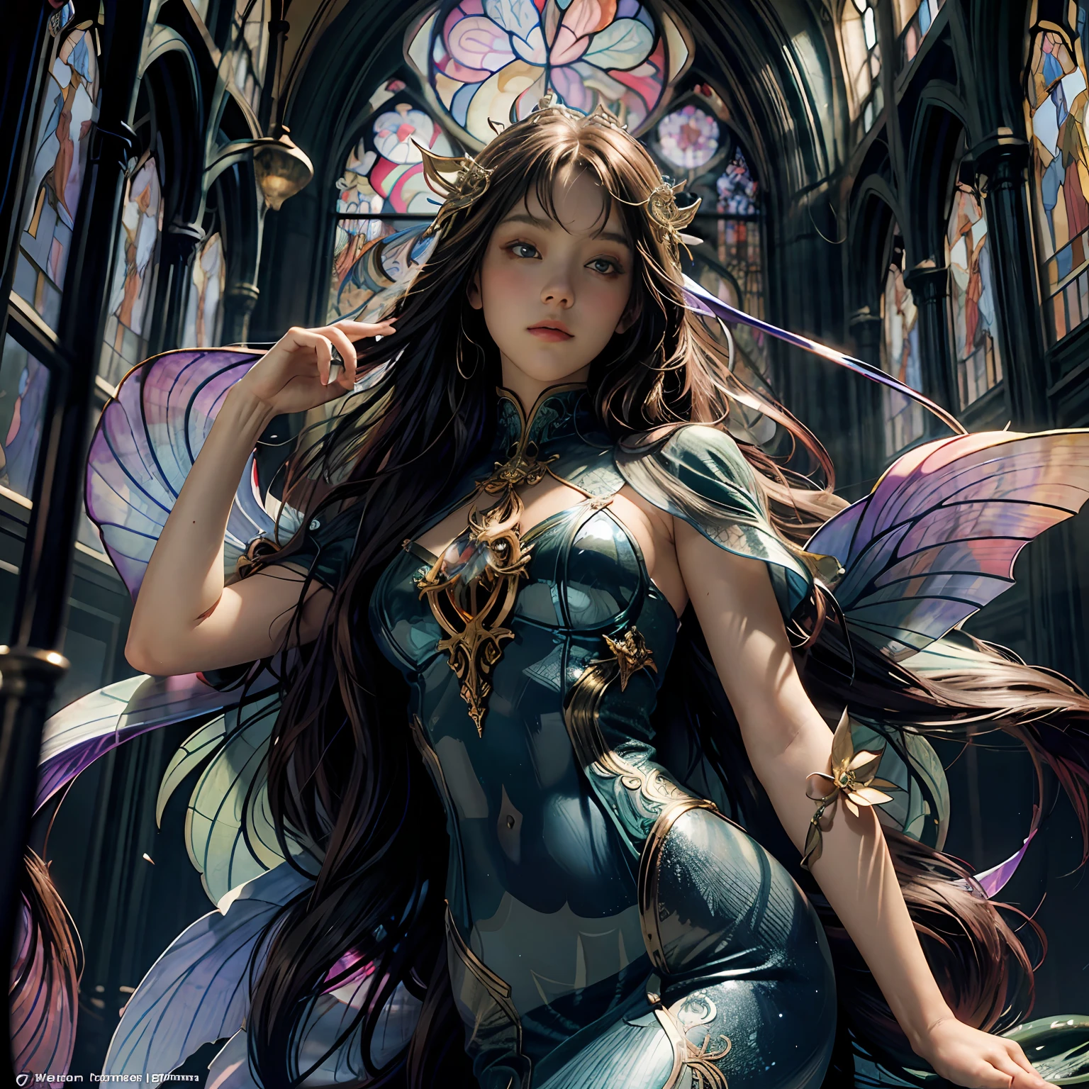 Art Nouveau Mermaid Cathedral Stained Glass Alphonse Mucha James Jean Erin Hanson Hyper Detail Illuminated Perfect Symmetrical Eyes Gorgeous Face