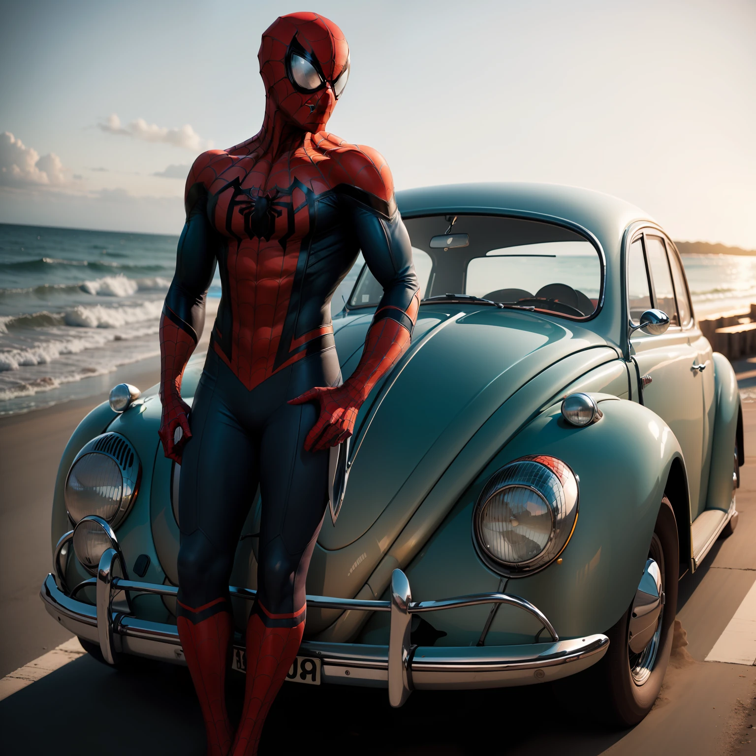 afternoon, Spider-Man standing next to a 1959 VW Beetle, clean spoiler, very detailed, bright lights, beach scenery car in glare, bright sun, (central frame), best quality, high definition