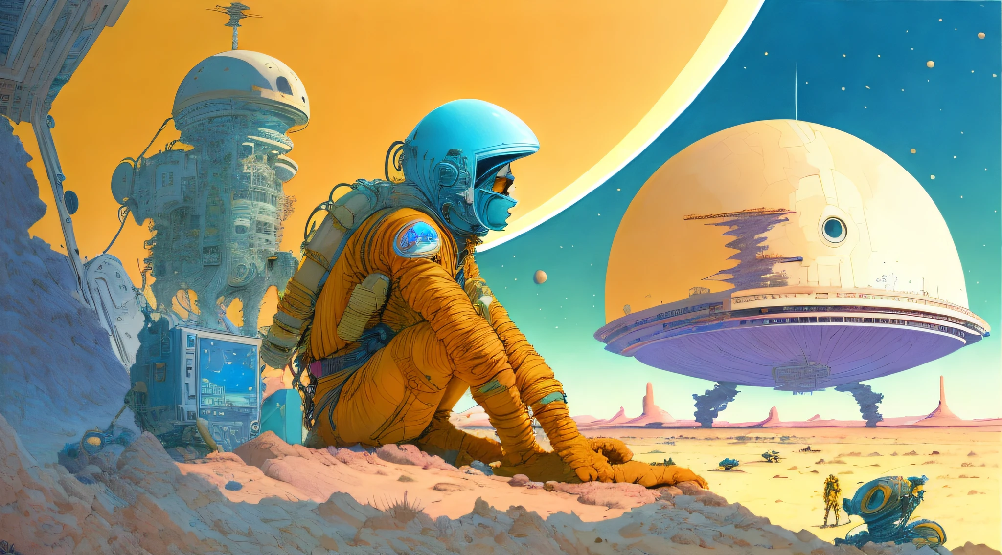 a painting of a Astronauts in Space Suit, repairing a large spaceship, another large spaceship in the background, alien planet, ringed planet by Moebius Jean Giraud