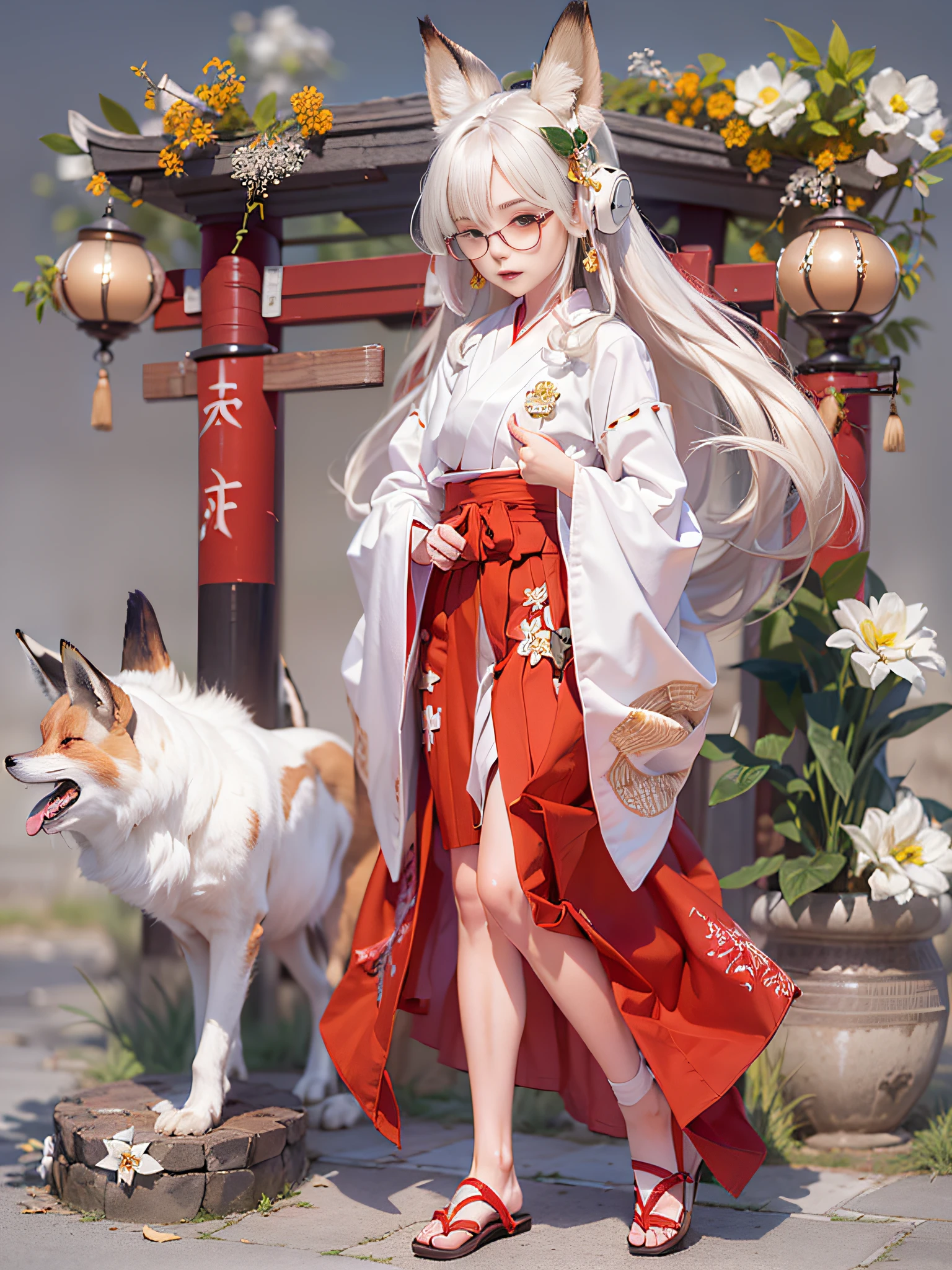 masutepiece, ccurate, Super Detail, Textured skin, high details, High quality, awardwinning, Best Quality, 8K, hight resolution,Sense of fate、top-quality、Master Layout、full body Esbian、extra detailed face, real looking skin, Realistic body,blond woman in a,a blond,Anime girl with long blonde hair, straight haired,((Demon Fox))、((Fox ears:1.5))、thin head、(Orange Eyes:1.6)、Tsurime、Wearing glasses,((small tits,Thin leg,skinny thigh)),slim figure,Young beautiful girl、Young skin type、extremely detailed eye and face、beatiful detailed eyes,Beautiful skins,finely detail、((shrine maiden clothe:1.5))、((Independent white sleeves:1.5)), ribbon-trimmed sleeves、japanese kimono, In a white kimono,Hakama、((Long skirt and red hakama:1.8))、Red Hakama、(deep in the night）、(torii gate、Mysterious shrine、Fantastic Moon)、(Moonlight、Midnight Shrine)、Amazing effect,eye glasses,
