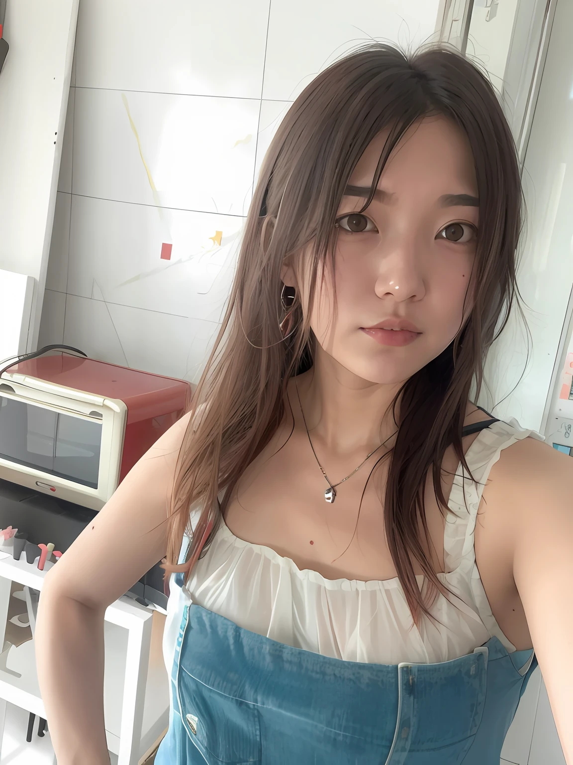 1girll,messy hair,red leotard,red tinted hair,Estilo de Makoto Shinkai,耳Nipple Ring,choker necklace,No moles,